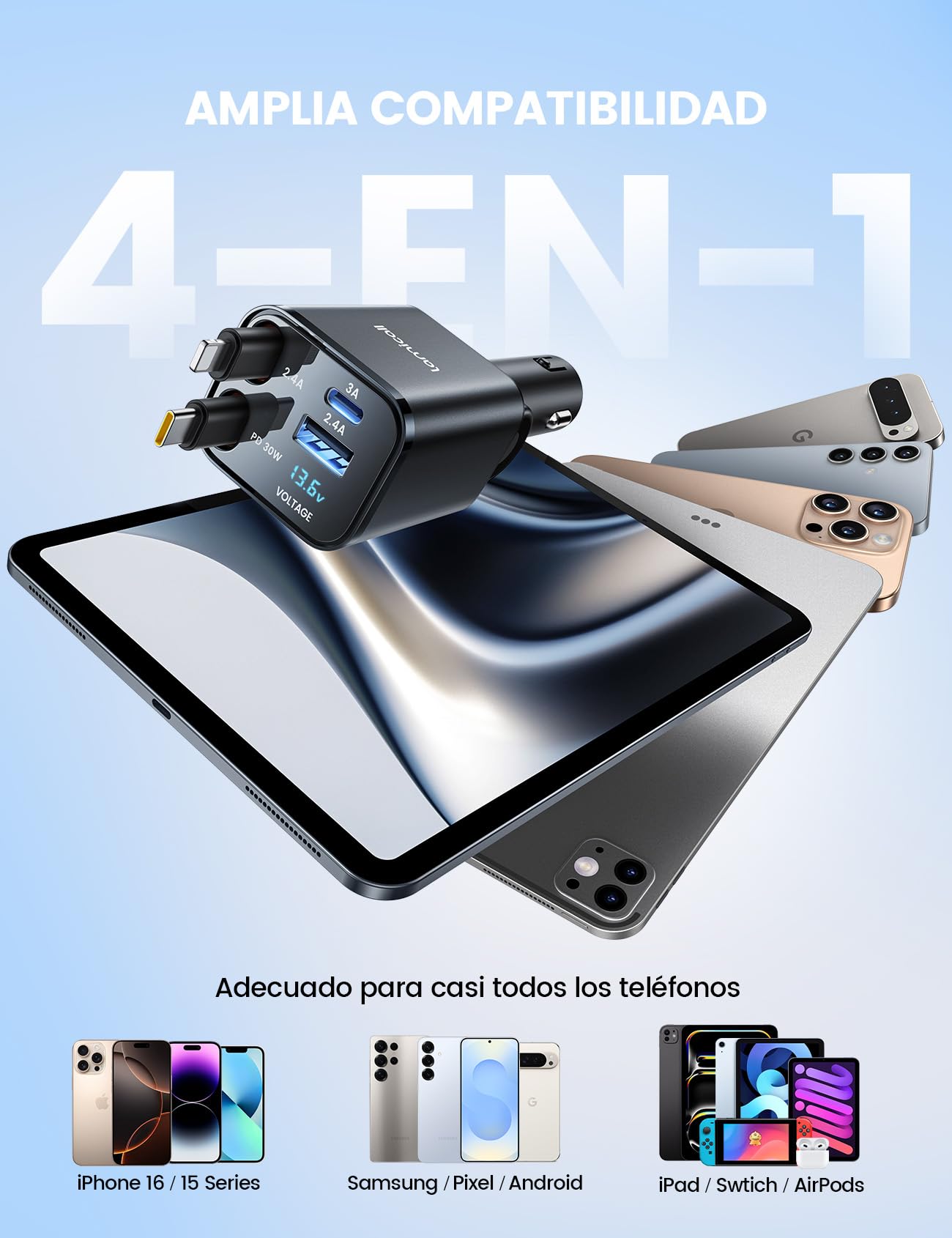 Lamicall 4 EN 1 Cargador Coche USB C, 69W Cargador Mechero Coche - [Compacto & Indicador de Voltaje] 180° Plegable Adaptador Móvil Coche con 2 Cables Retráctiles y Puerto USB-C/A, para iPhone/Samsung