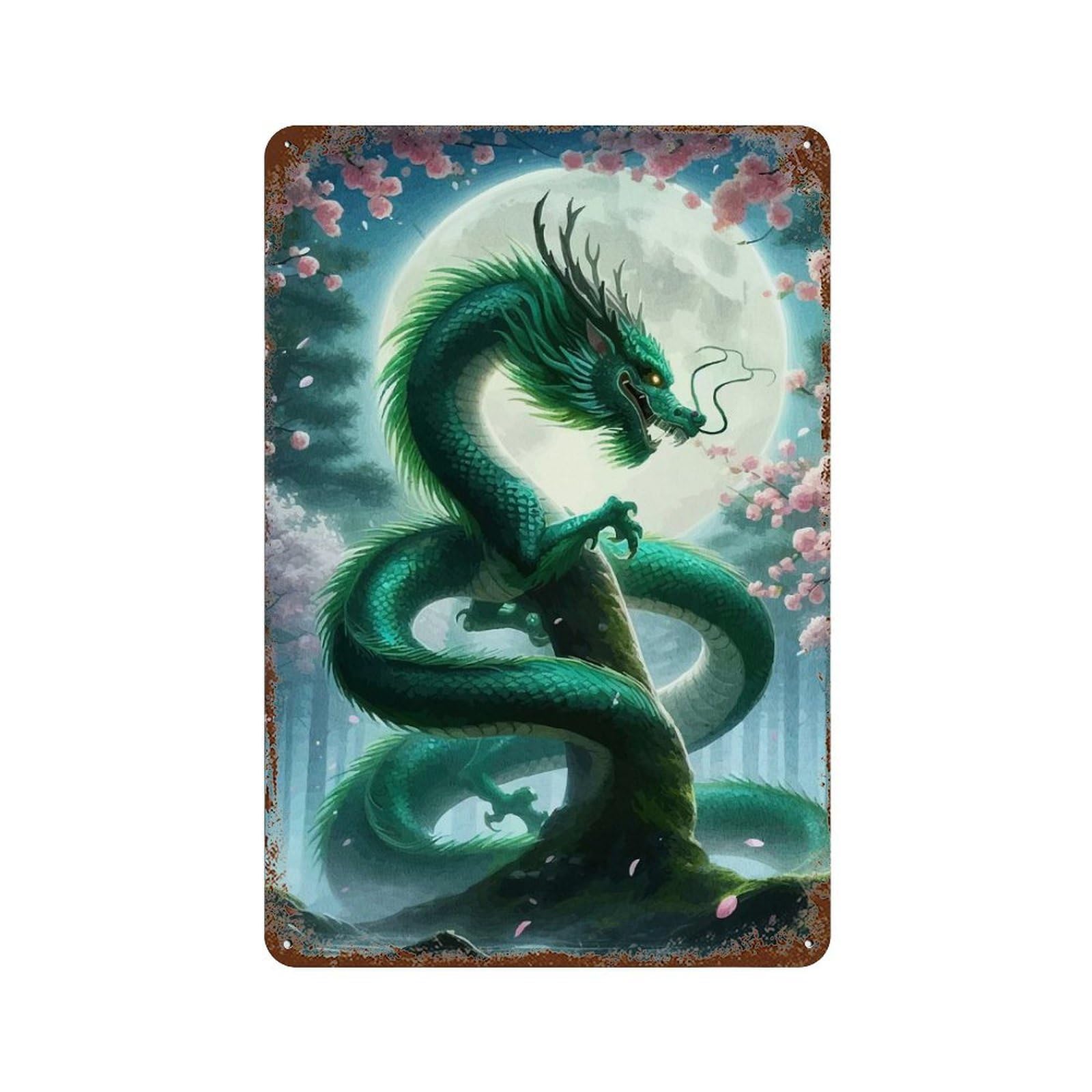 Emerald Dragon Moonlight Rusty Metal Tin Sign 11.8"x7.9", Vintage Wall Decor for Garage, Pub Or Kitchen