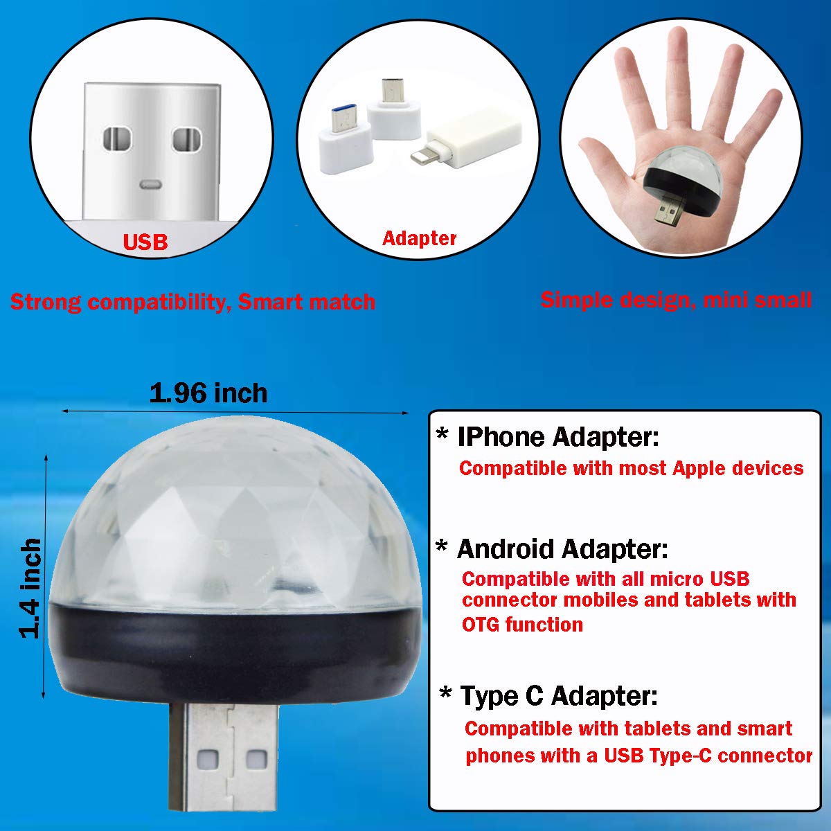 Lot 3 Mini Lampes Disco USB + 9 Adaptateurs – Ambiance Fête, Voiture, Noël, Portable, Musique Activée