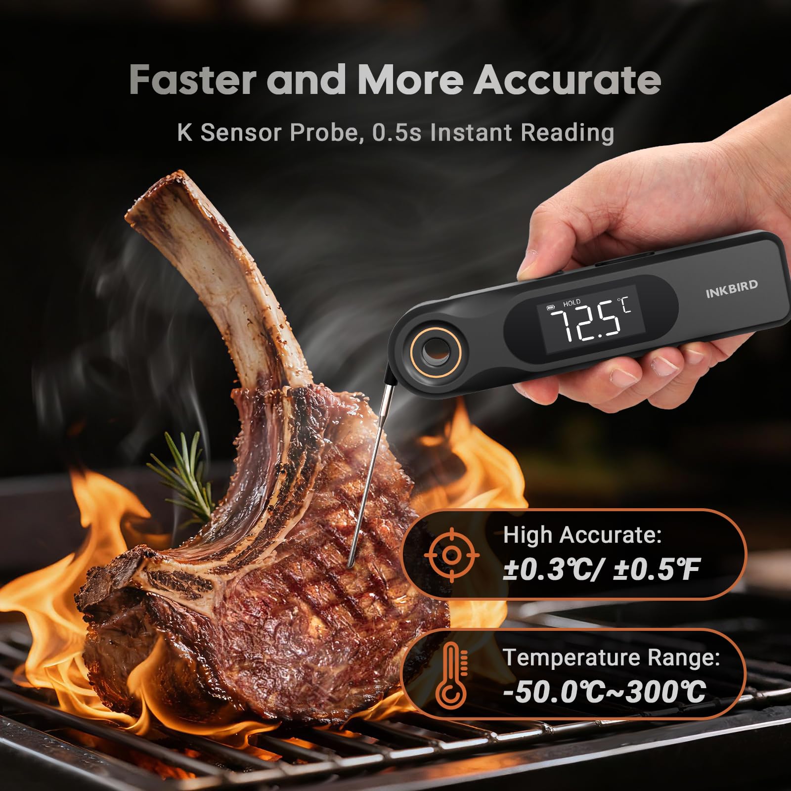 INKBIRD IHT-51K Termómetro Digital para Carne, Termómetro para Barbacoa de Pantalla Dual, Sonda Ultradelgada de 1.8 mm, Reacción de 0.5 Segundos, Impermeable IP65, Termómetro para Horno de Cocina