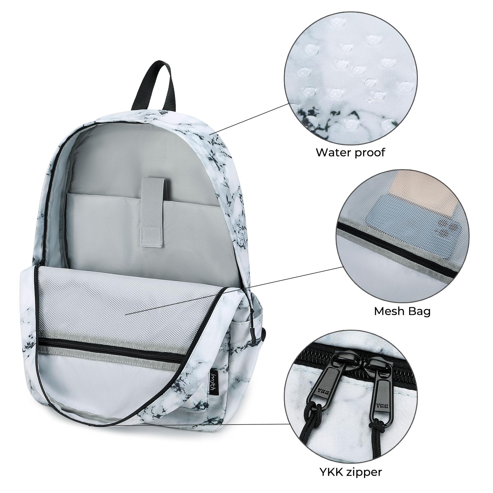 Imyth Mochila para adolescentes, regalo escolar, bolsa de almuerzo, bolsa de lápices, juego 3 en 1, Mármol Blanco, L, Escuela