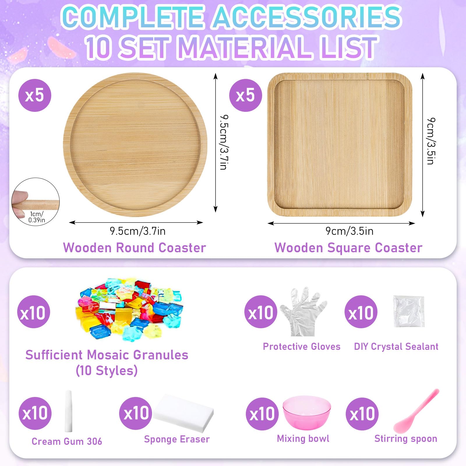 10 Sets Glas-Mosaikfliesen, Bunte Mosaik-Kits mit Holzuntersetzern für DIY-Bastelarbeiten, Heimdekoration, Bilderrahmen, Blumentöpfe und Untersetzer