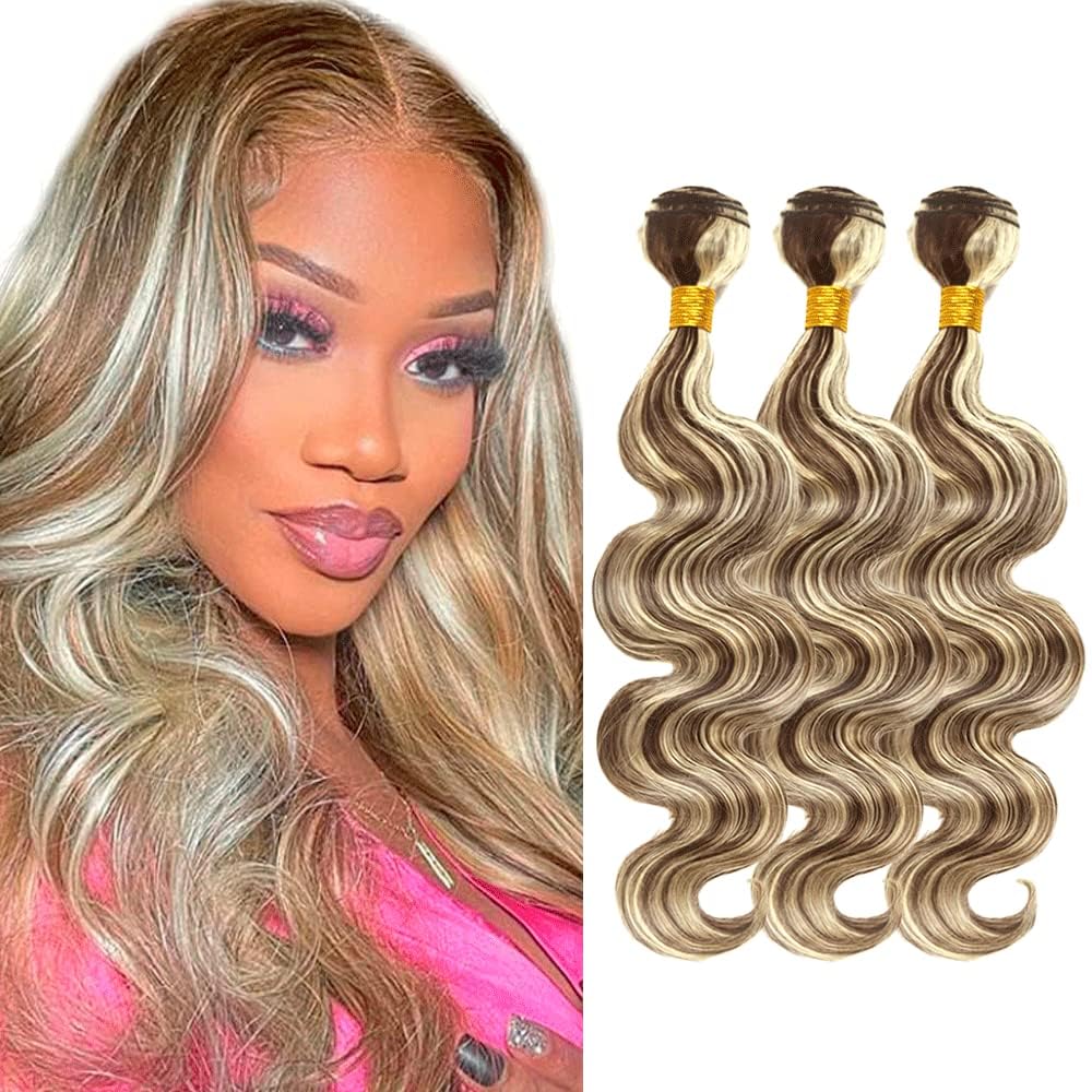 26 28 30 Inch Highlight Bundles Human Hair P4/613 Body Wave Bundles Niegmeag Hair Grade 8A Brazilian Virgin Remy Hair Extensions Double Weft Real Blonde Hair Weave