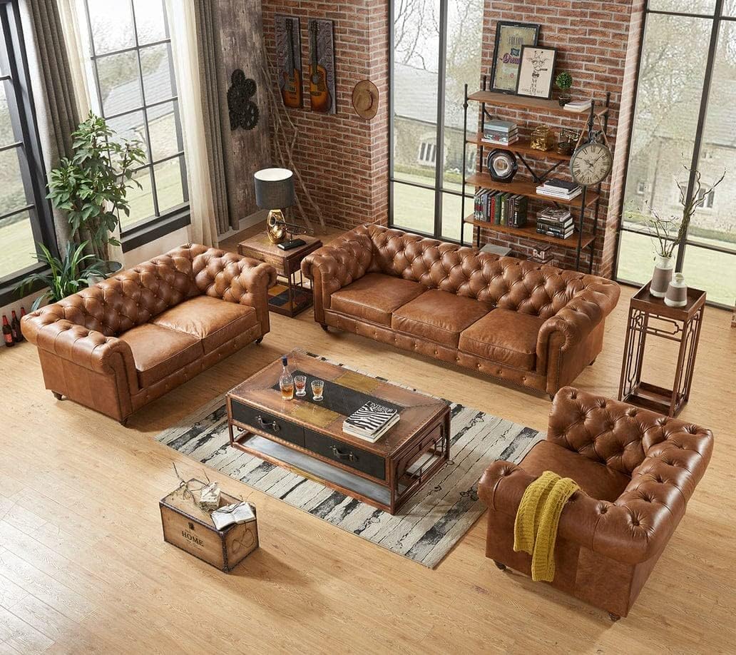 Modern Sofa Chesterfield Design with Stylish Wooden Legs Leather Fabric Finish Sofa for Living Room, Bedroom, Hallways (Brown)-image-30