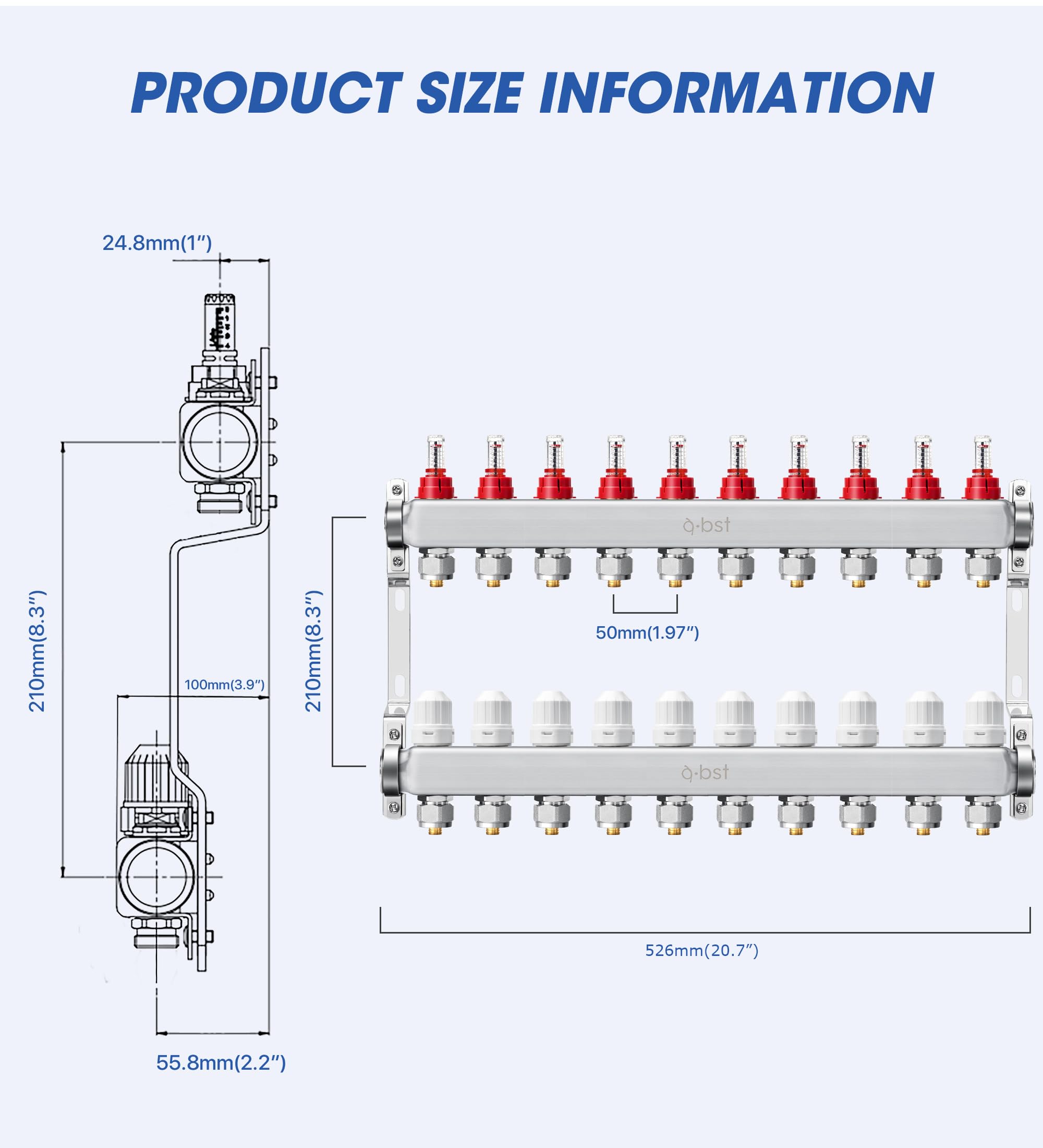 ABST PEX - Colector de calor radiante de suelo de acero inoxidable de 10 bucles con adaptadores de 1,27 cm incluidos para calefacción de suelo radiante hidrónico