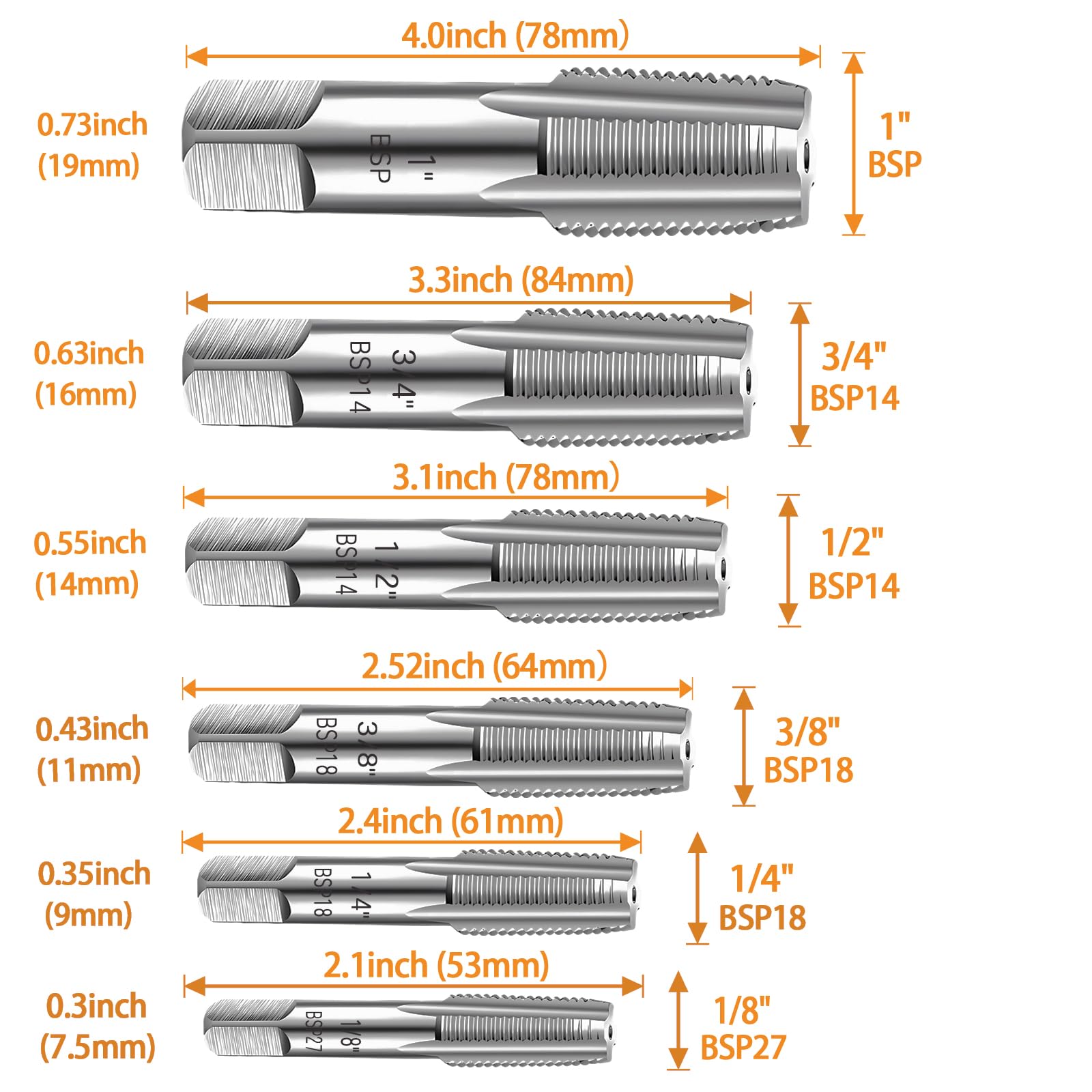 Juego de 6 grifos de tubería BSP, juego de grifos de acero al carbono de precisión para roscas limpias y precisas, grifo NPT de 1 pulgada, 3/4 pulgadas, 1/4 pulgadas, 1/8 pulgadas, perfecto para