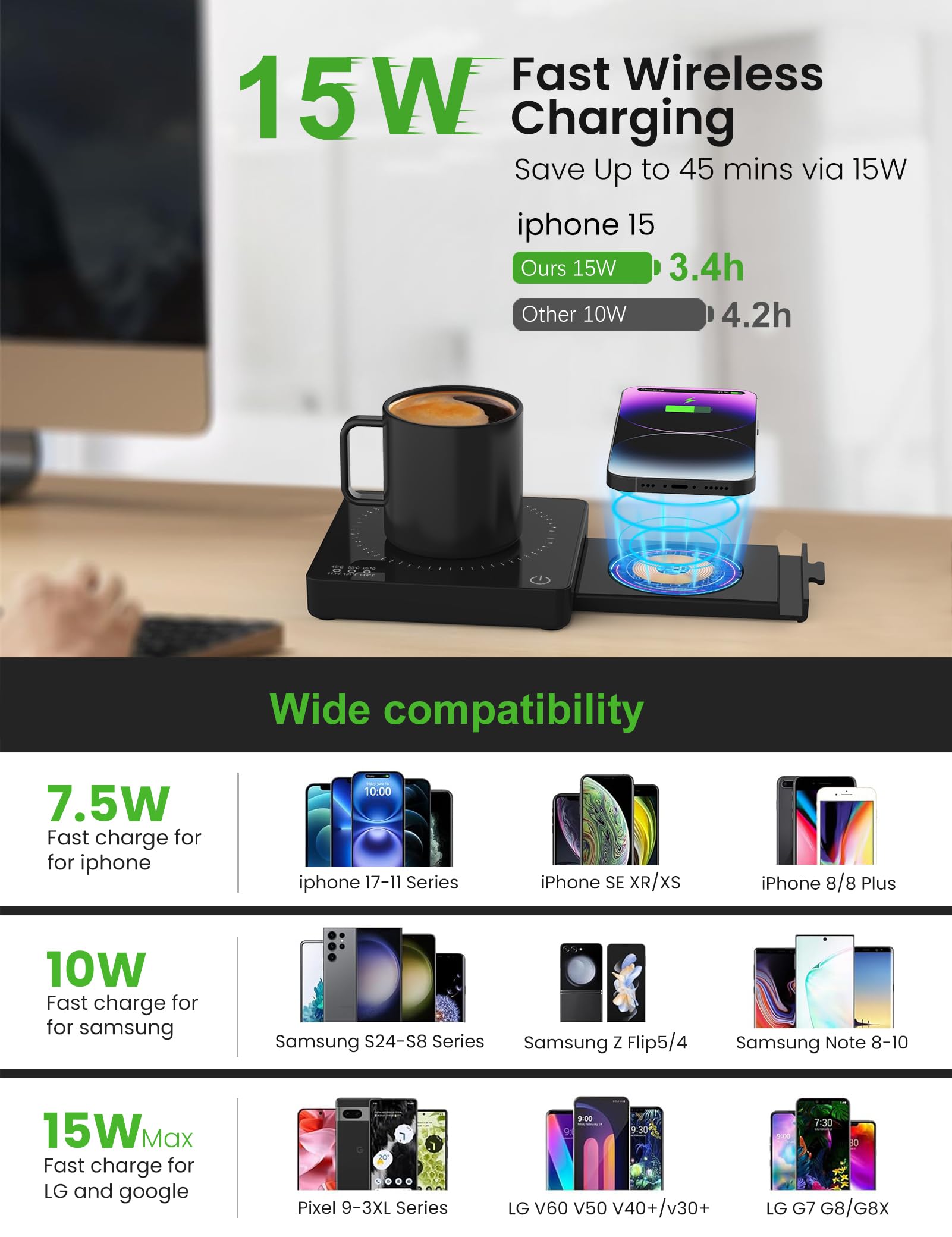 Calentador de tazas de café con cargador inalámbrico de 15 W, apagado automático y carga USB-A, calentador de tazas 3 en 1, calentador de velas, soporte para teléfono, 3 ajustes de temperatura,