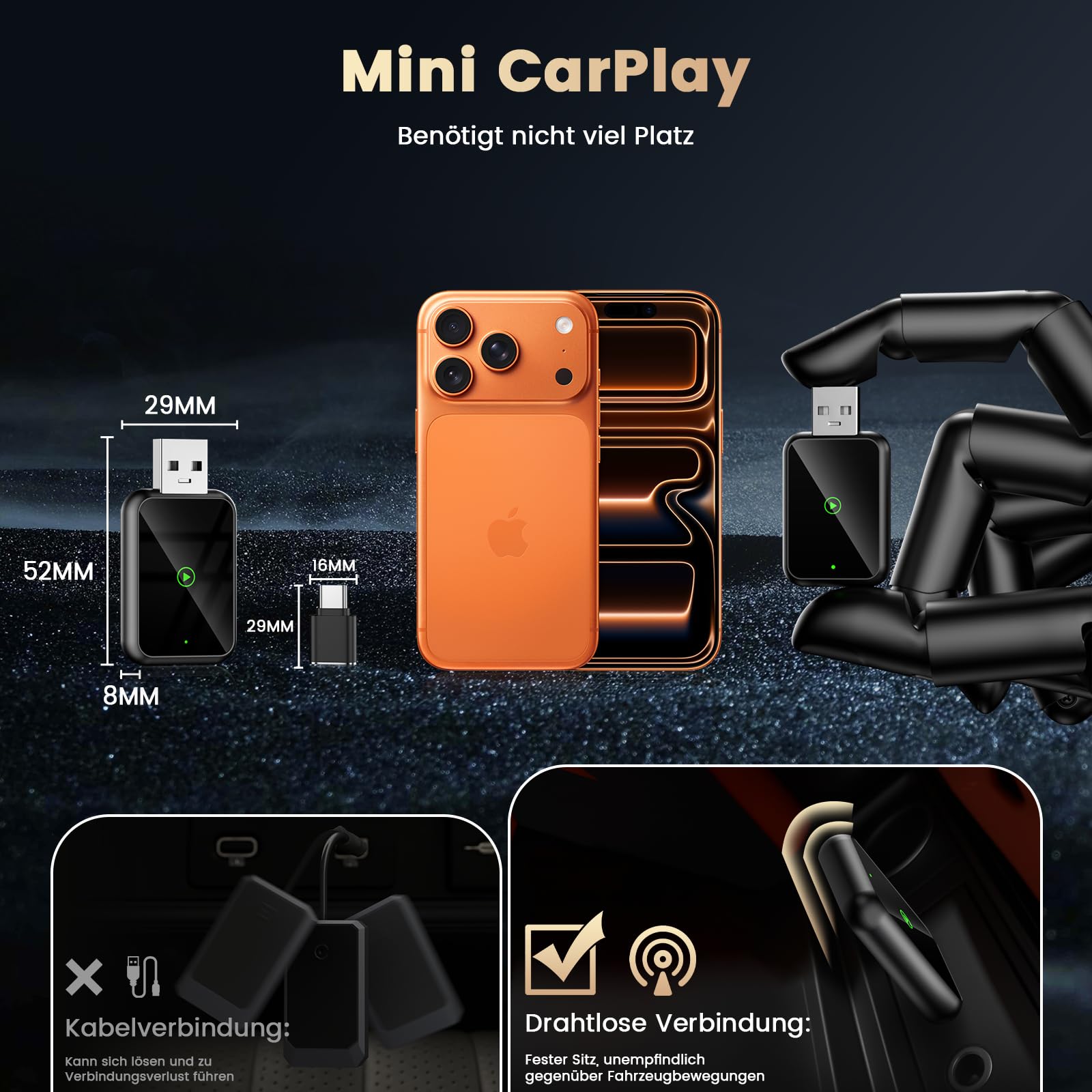 2026 Mini CarPlay Wireless Adapter für Apple CarPlay/Android Auto, Kabelgebunden zu Kabellos, Kompatibel mit iOS 10+ & Android 11+, USB-A/C, Plug & Play, Schnelle Stabile Verbindung, OTA-Updates