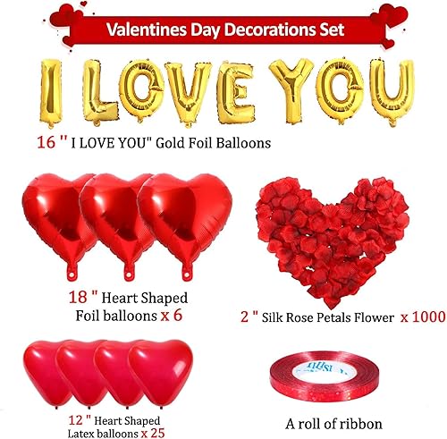 Miniatura 4 de Decoraciones de globos para el día de San Valentín kit de globos dorados y globos de corazón con 1000 piezas de pétalos de rosa de seda rojo oscuro