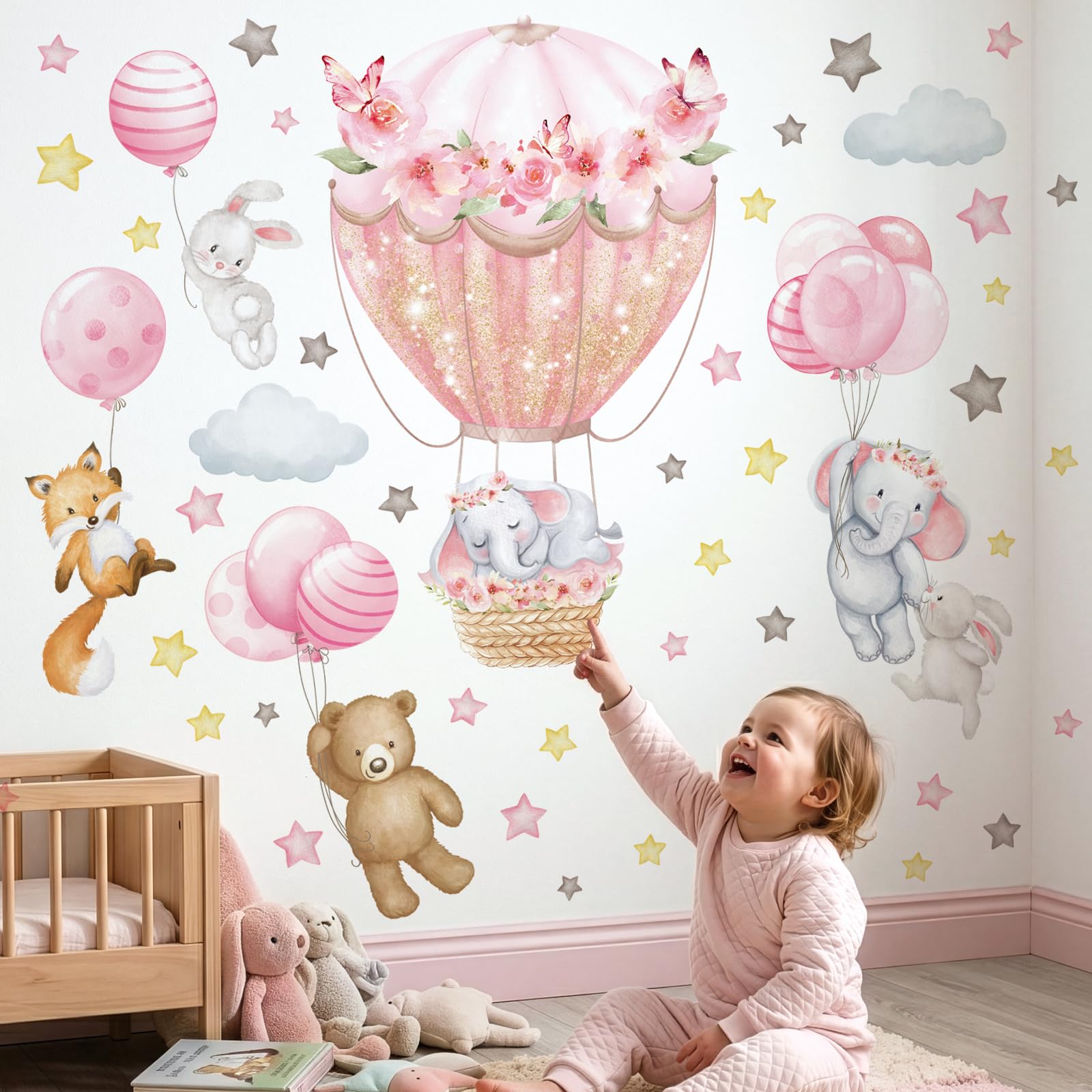 DECOWALL Animals Hot Air Balloon Wall Decals – Cute Elephant, Bear, Flowers & Balloons Wall Stickers for Kids, Baby Nursery, Girls Bedroom & Playroom Décor (SG2-2408)