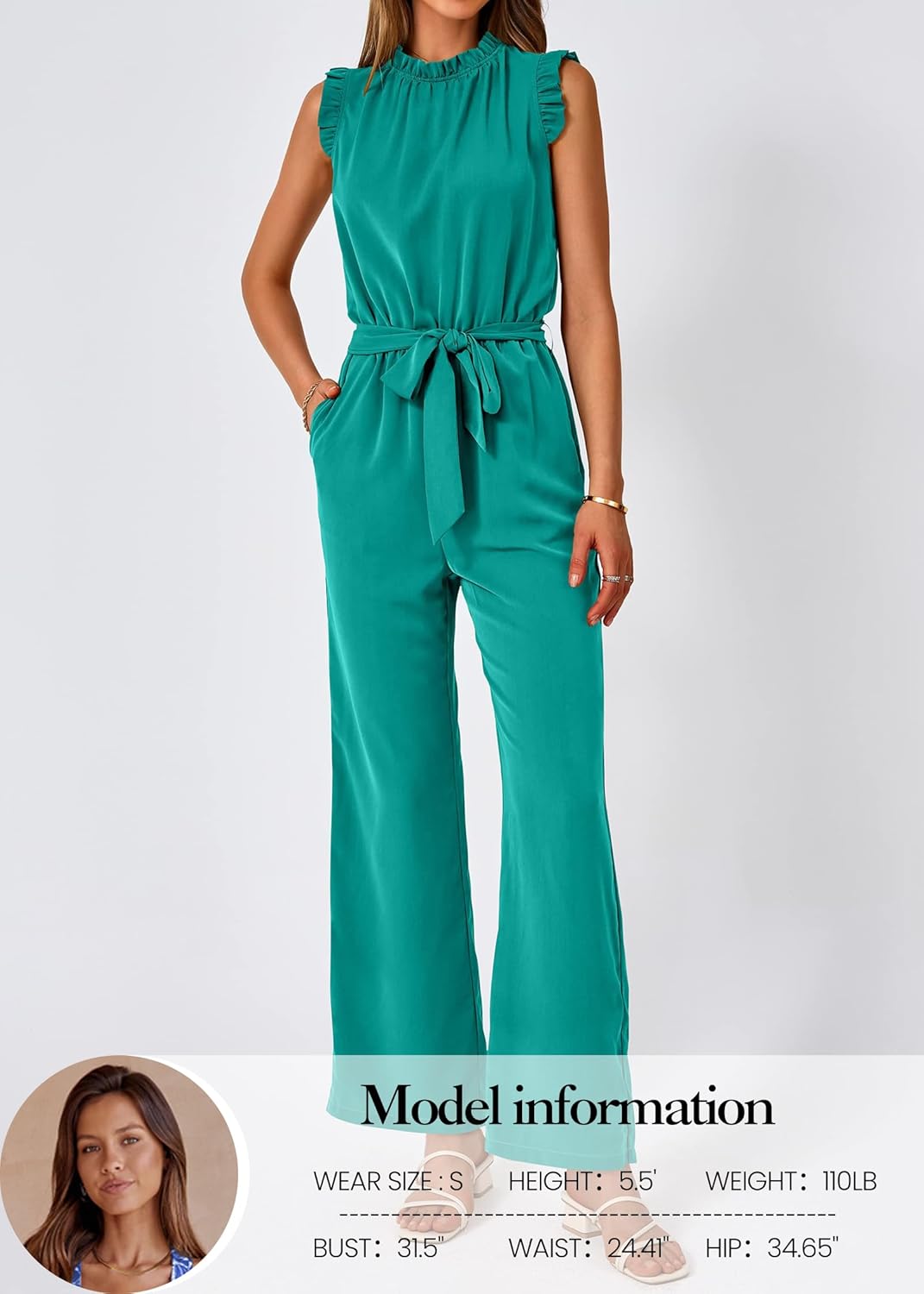 KIRUNDO Jumpsuits For Women Dressy Summer One Piece Sleeveless Ruffle Mock Neck Belt Pockets Formal Wide Leg Pants Romper - Image 2