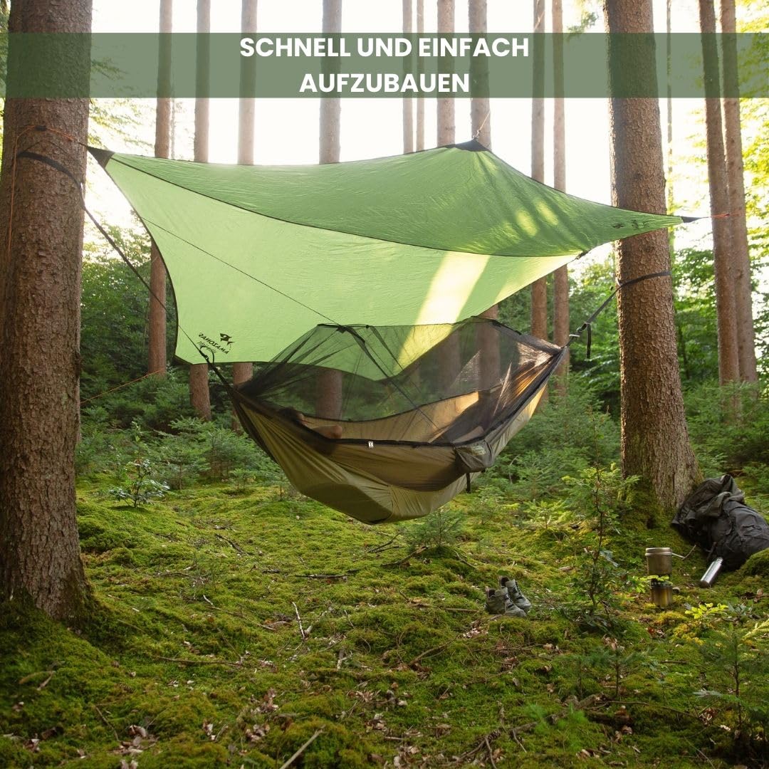 AMAZONAS - Traveller Set | Leichtes All-in-One Camping-Set mit Hängematte, Moskitonetz, Thermofach, wasserdichtem Tarp und Aufhängung | Kompaktes Packmaß 25cm x 10cm, Gewicht 1,48kg