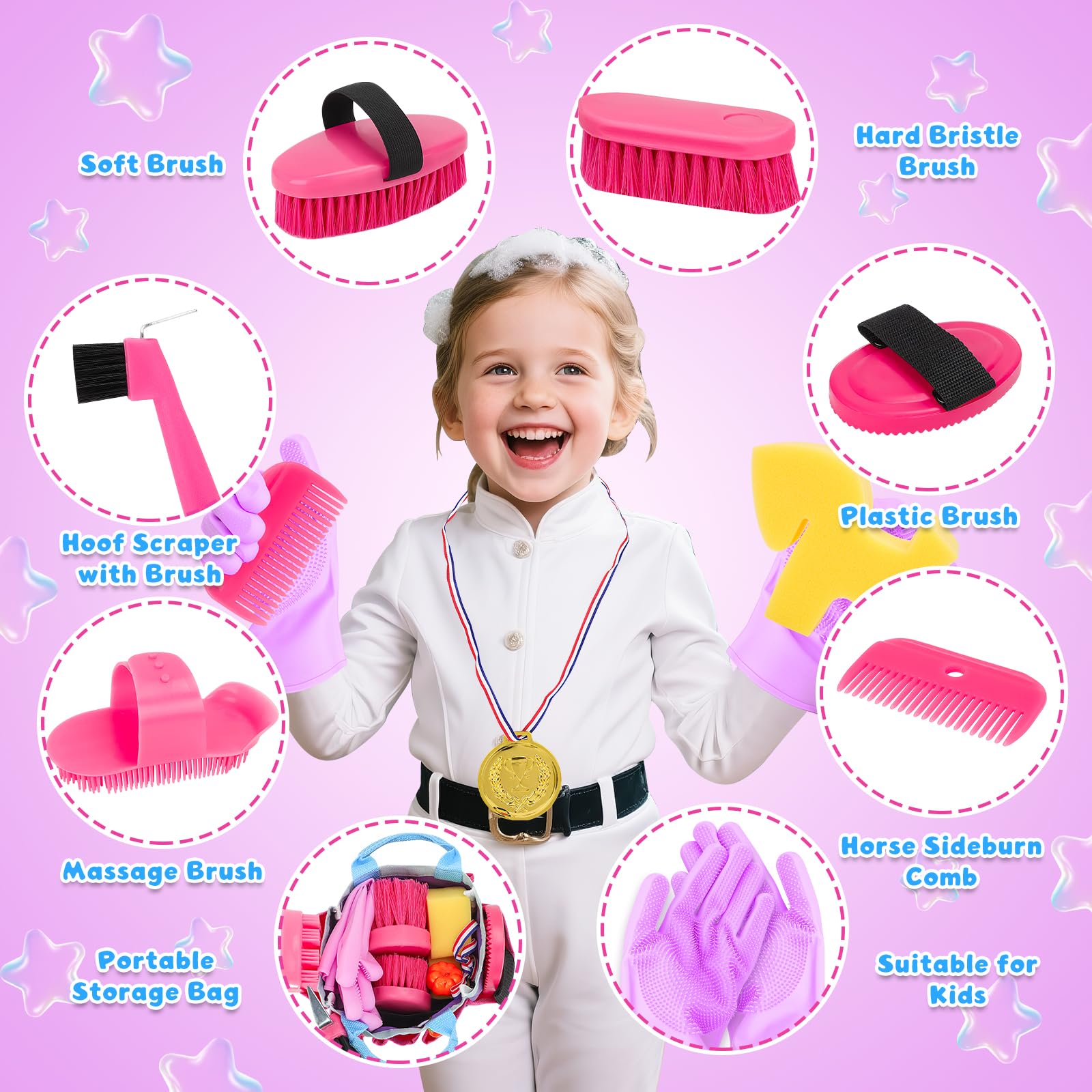 deAO Set de Cuidado de Caballos con Bolsa, Utensilios de Limpieza para Caballos para Niños con Cepillo, Guantes, Cepillo de Masaje, Peine para Crines, Rascador de Cascos, Esponja para Caballos (Rosa)
