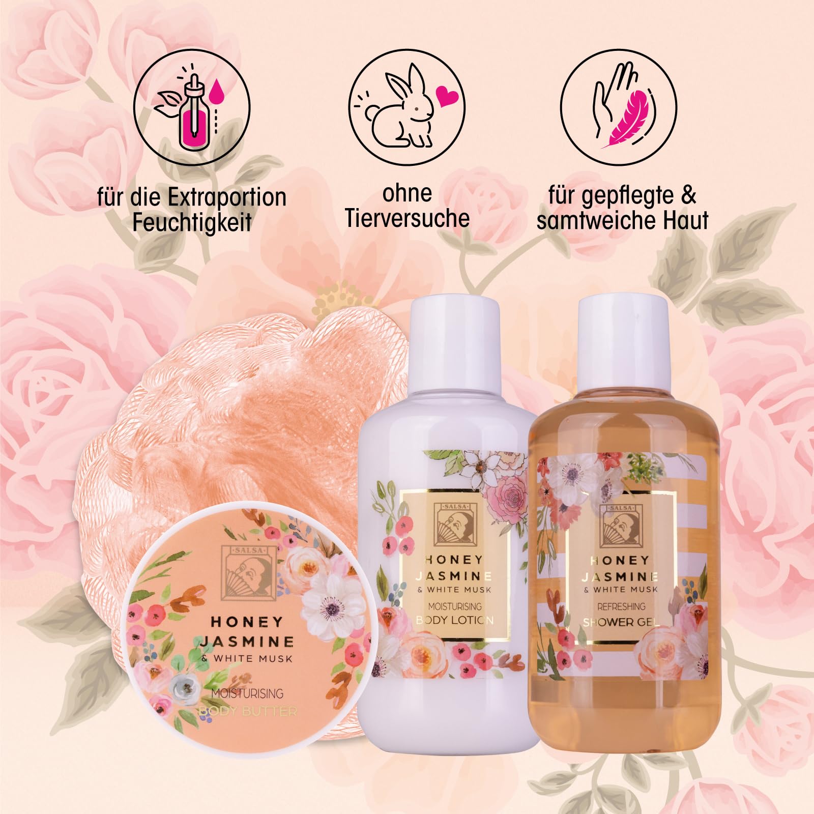 Accentra Zestaw prysznicowy dla kobiet HONEY Jasmin w pięknym pudełku prezentowym – 4-częściowy zestaw do pielęgnacji z żelem pod prysznic, balsamem do ciała, masłem do ciała i gąbką z siatki – zestaw