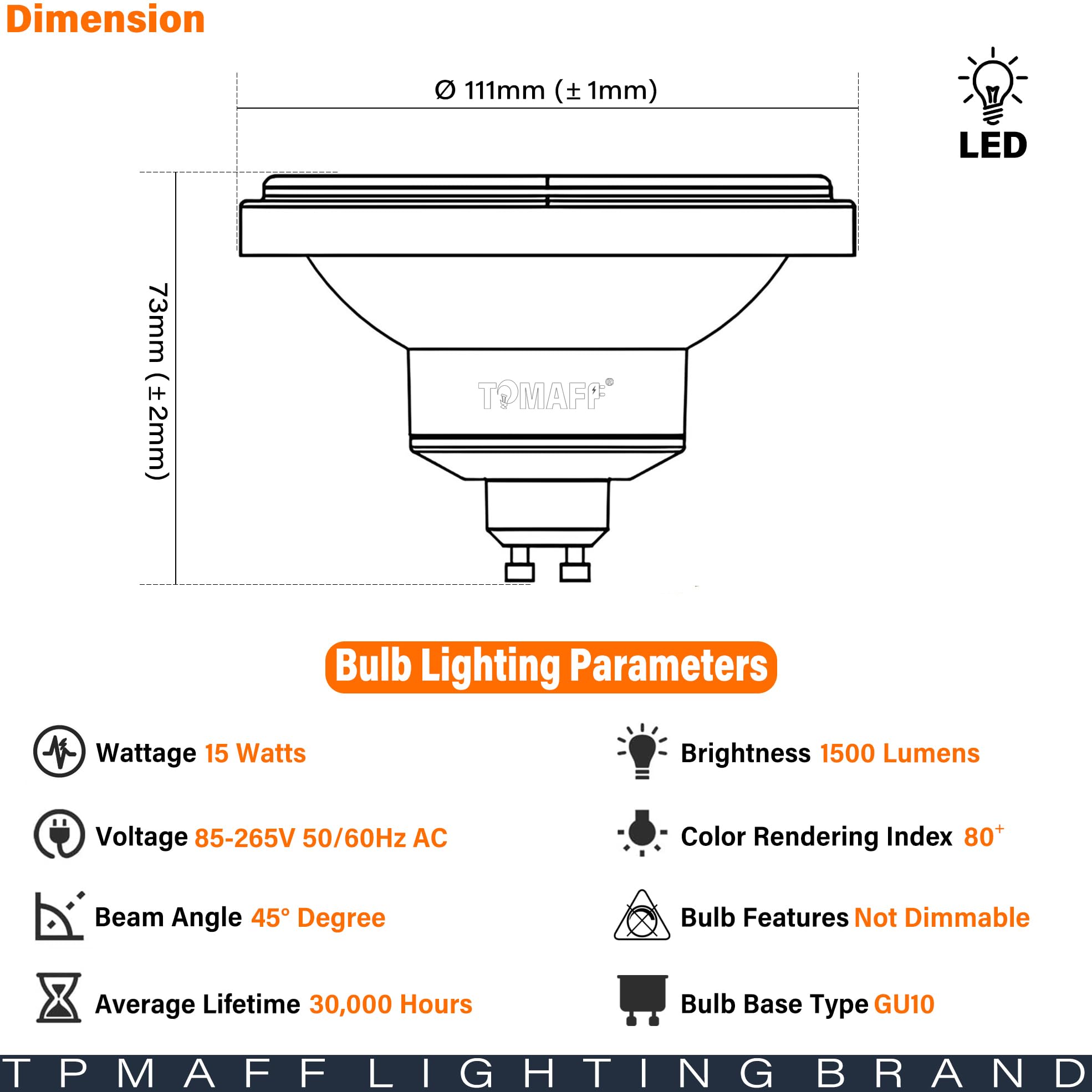 Bombilla LED ES111 GU10 de 15 W, 1500 lúmenes, reflector reflector (equivalente a 120 W), ángulo de haz de 45°, 85-265 V CA, no regulable (juego de 8)