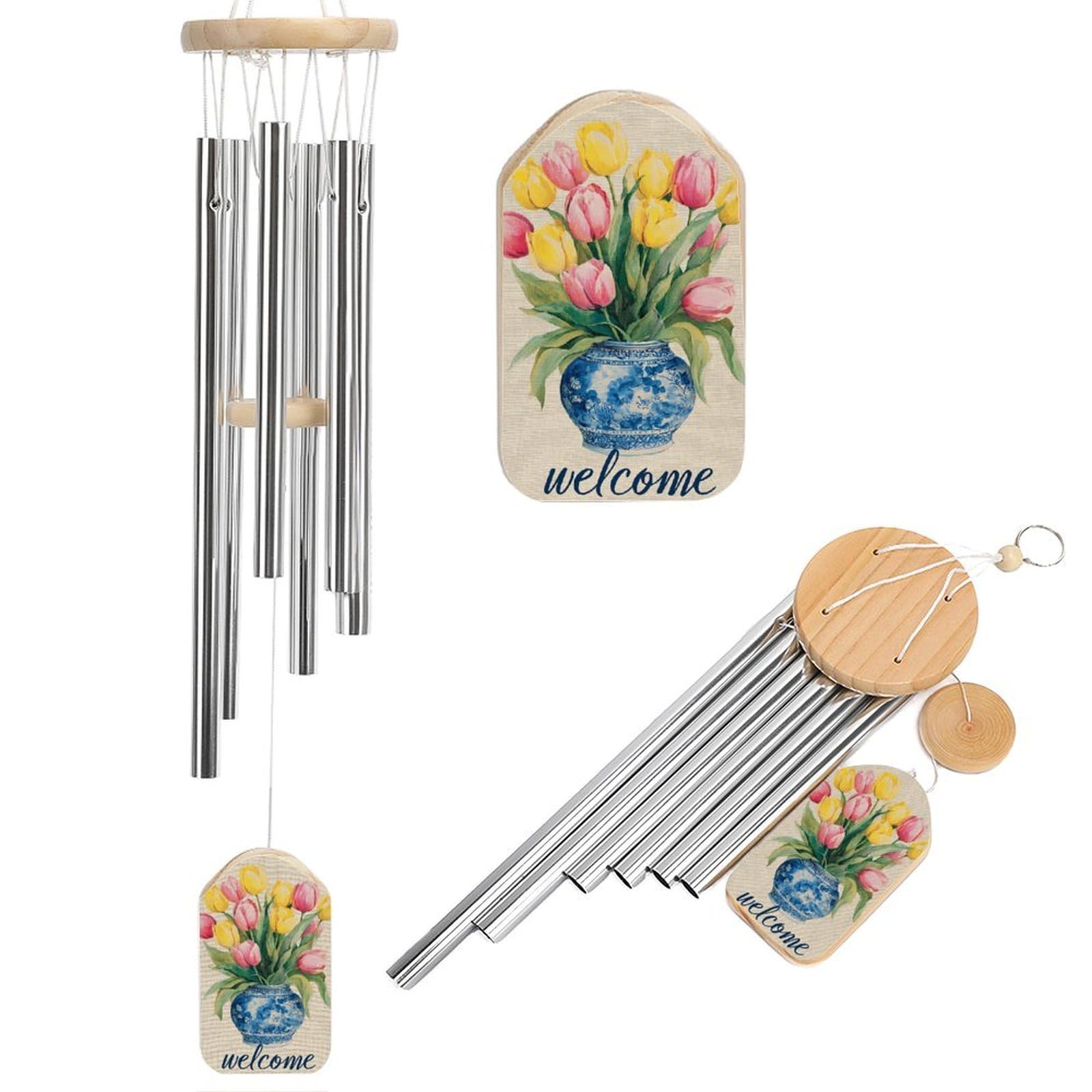 Jar Vase Holding Pink And Yellow Tulips Wind Chimes Memorial Deep Tone Windchime with 6 Aluminum Tubes Outdoor Backyard Garden Decoration