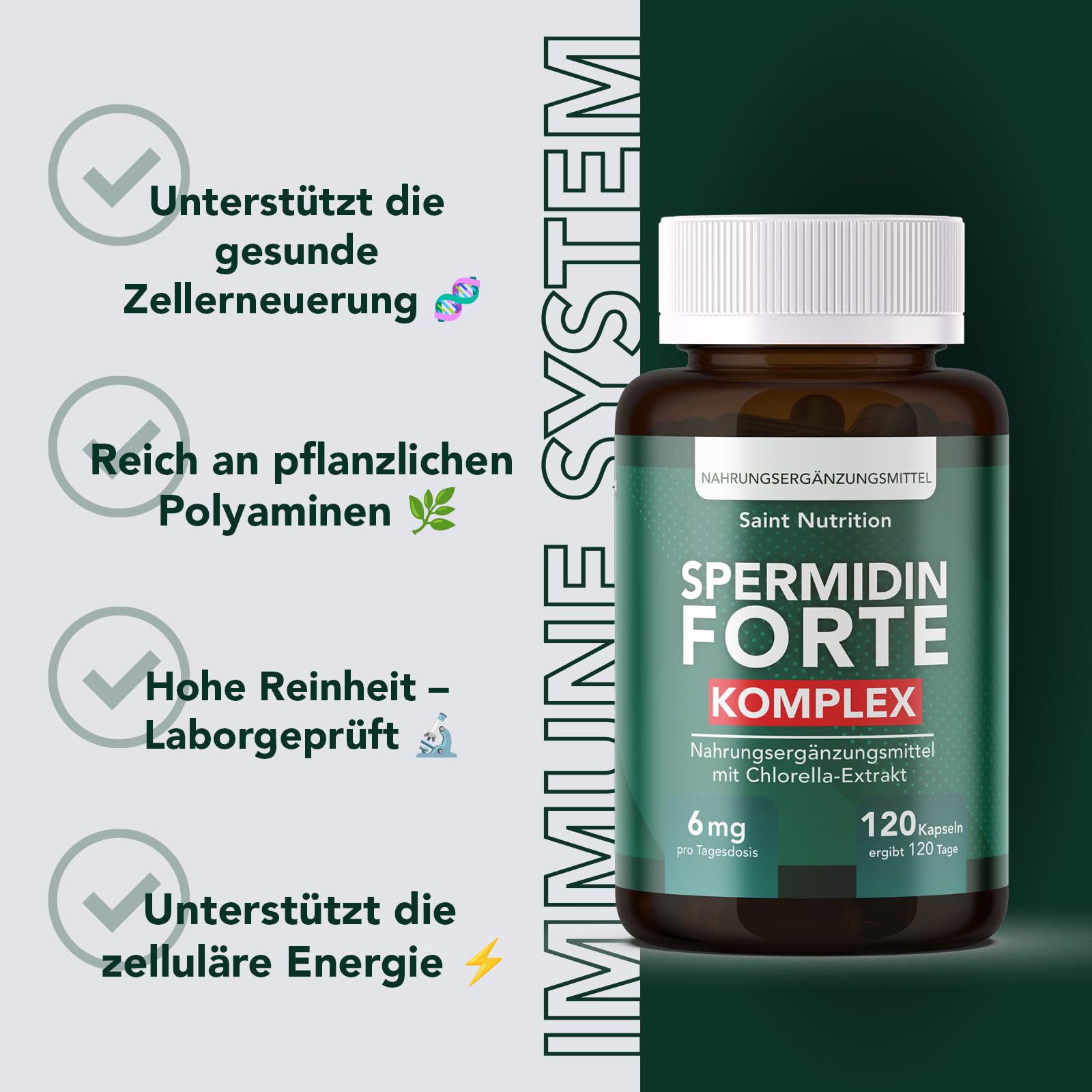 Saint Nutrition® Spermidin Kapseln – Hochdosiert mit 6mg Spermidin pro Kapsel – aus natürlichem Spirulina Algenpulver & Chlorella Extrakt – Unterstützt Zellschutz, Zellregeneration & Vitalität