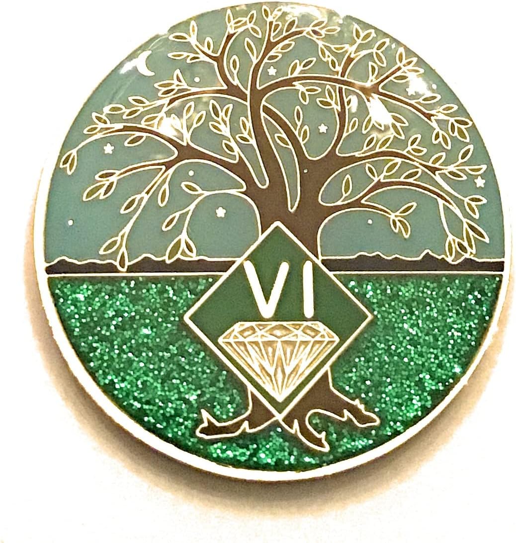 6 Year NA Medallion - Green & Blue Tree of Life , Glitter, Bling, Clean Recovery Chip, Token, Coin