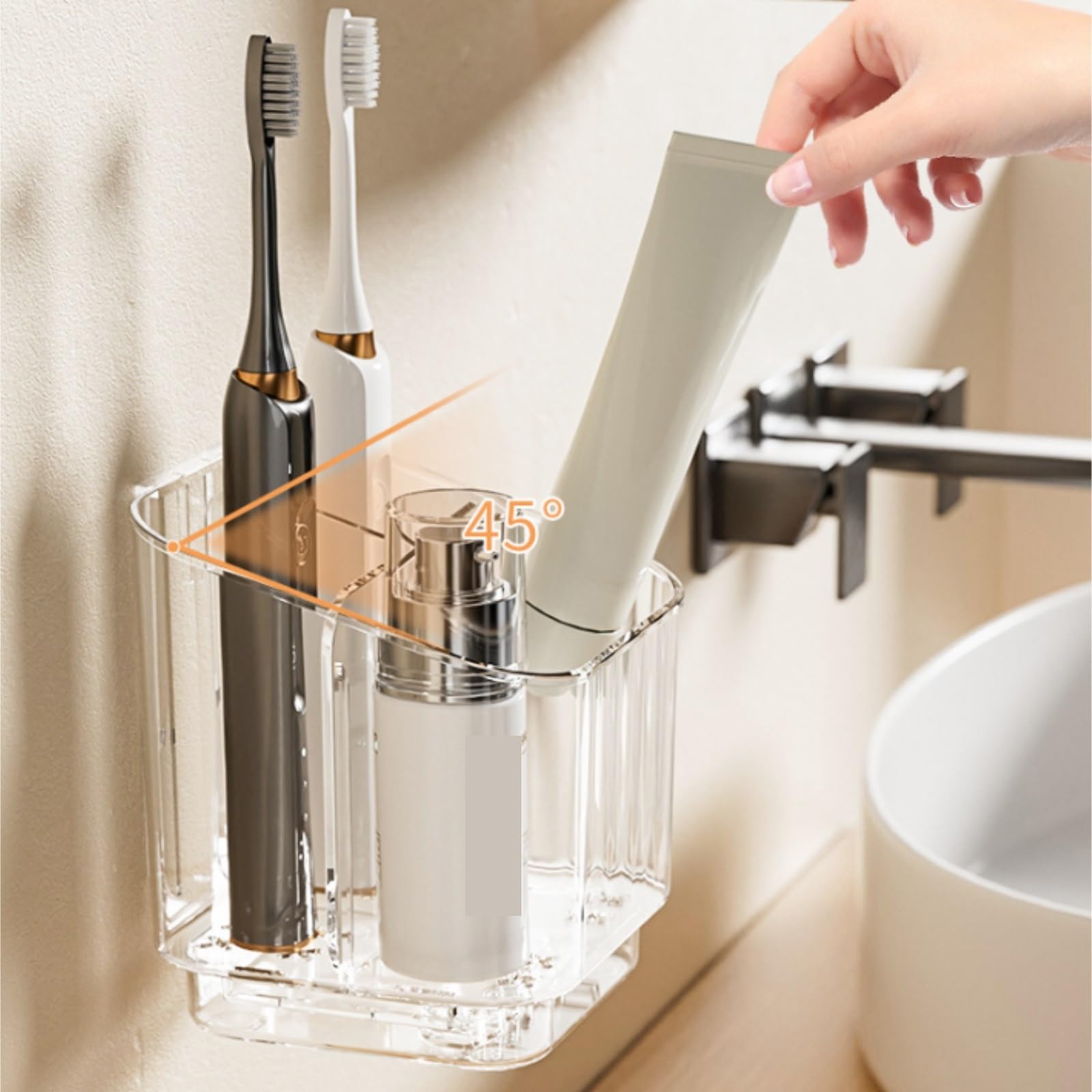 Bagno Porta Portaspazzolino da Bagno A 3 Scomparti Staccabile Parete con Divisorio Spazzolino Accessori(Grey)