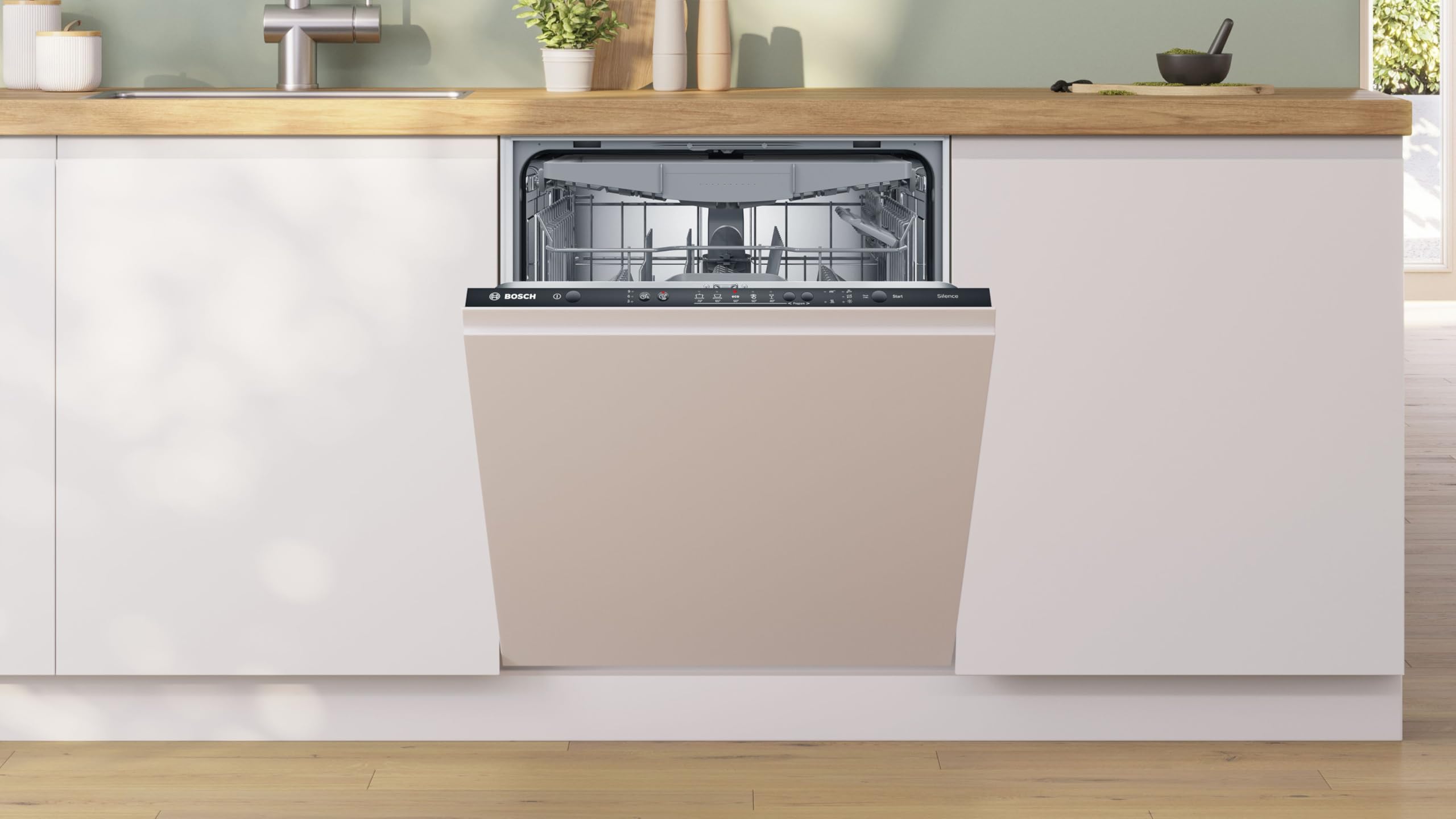 Bosch SMV25EX02E Série 2 Lave-vaisselle encastrable, entièrement escamotable, InfoLight : affichage du programme LED, 3 paniers, EcoDosage, AquaStop, 60 cm