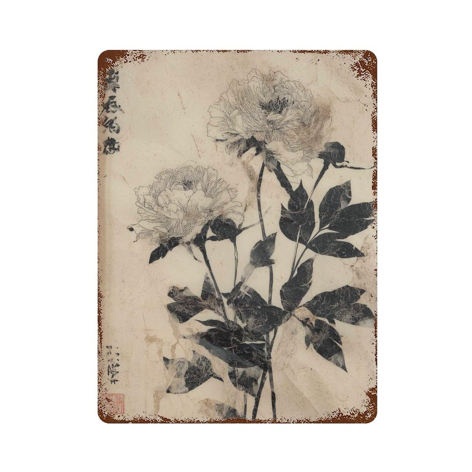 xiaoxiaoshen Chinese Floral Ink Peony Botanical Minimalist Asian Flower Wabi Sabi Ukiyo Wall Decor Art Metal Tin Poster Modern Home Decor Art Home Bar Shop Decorations Vintage Sign 40x30cm