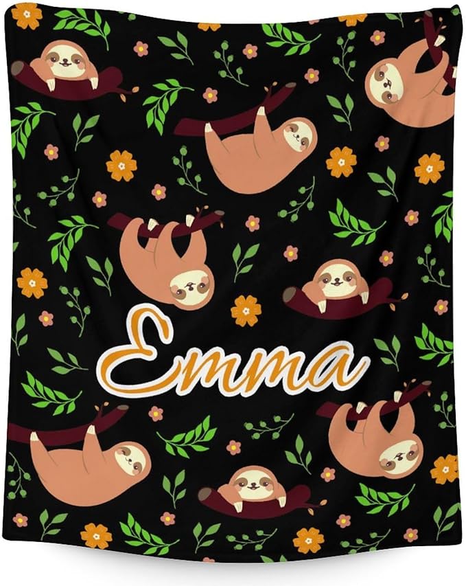 Mercuryelf Custom Sloth Throw Blanket - Soft, Fuzzy & Warm - 50x60 Inches Flannel Blankets for Living Room, Sofa - Black Cute Throws Gift for Teens