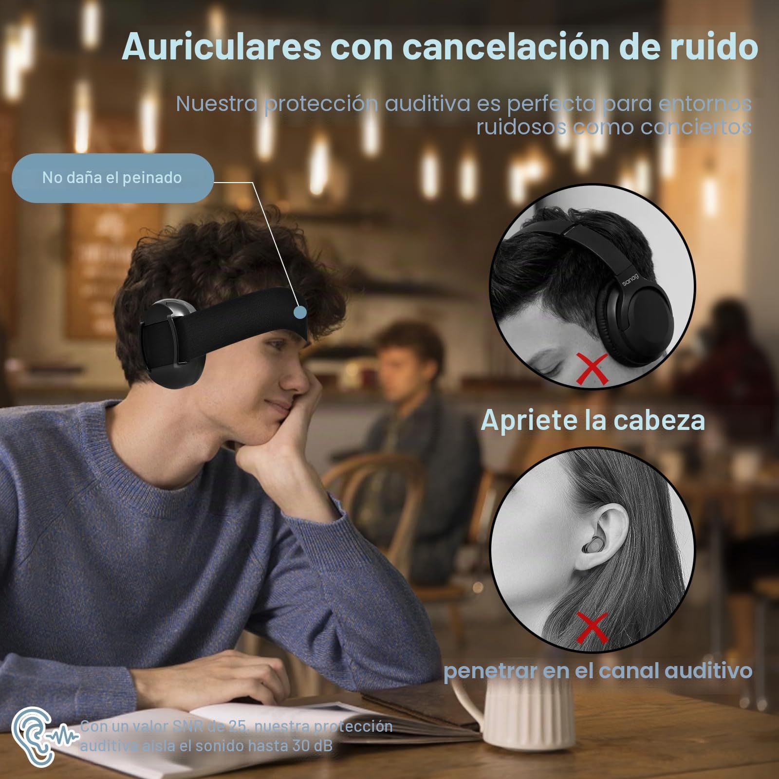 cascos antiruido adultos, cascos cancelación de ruido, mejoran el sueño, cascos insonorizacion para estudiar, orejeras elásticas ajustables, ideales para viajes, Negro