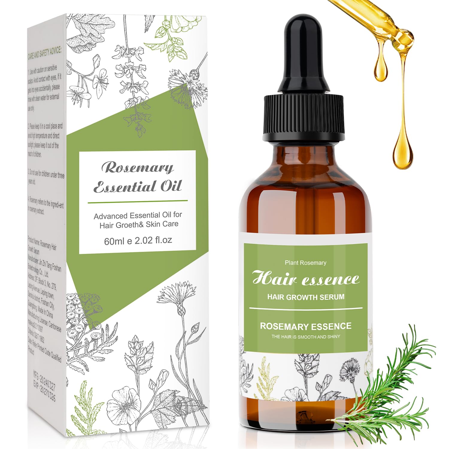 Aceite de Romero para el Cabello, Rosemary oil para Hombres Mujeres 2oz 60ml, Serum de Romero Menta para el Cuero Cabelludo, Aceite Fortalecedor del Cabello para el Crecimiento Sano del Cabello