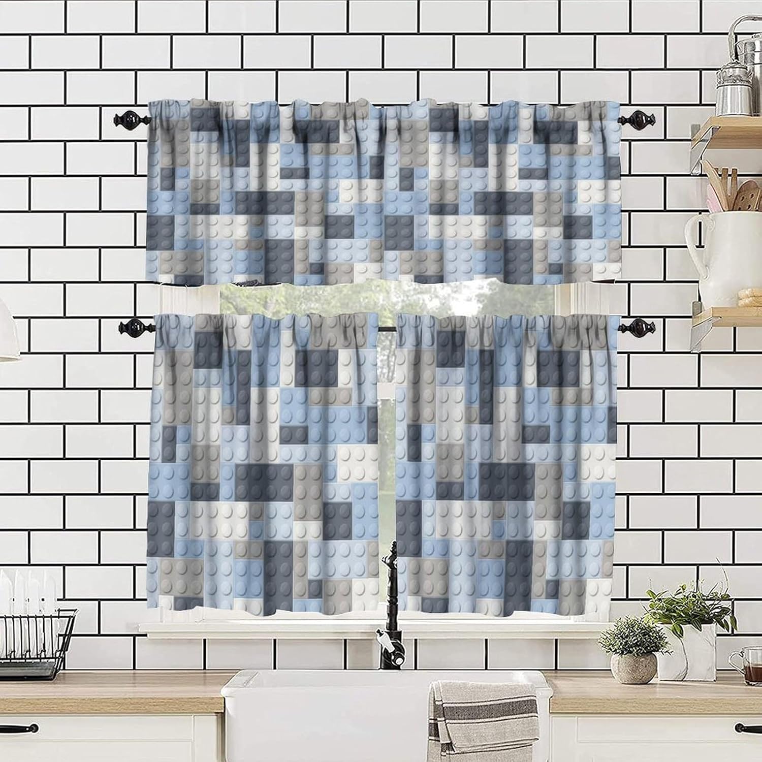 Building Block Toy Valance Curtains,Abstract Geometric Colorful Toy Brick Rod Pocket Small Window Treatments for Baby Room Boys Girls Bedroom Nursery Cafe 54''x18''+27''x36''x2（3 Piece）