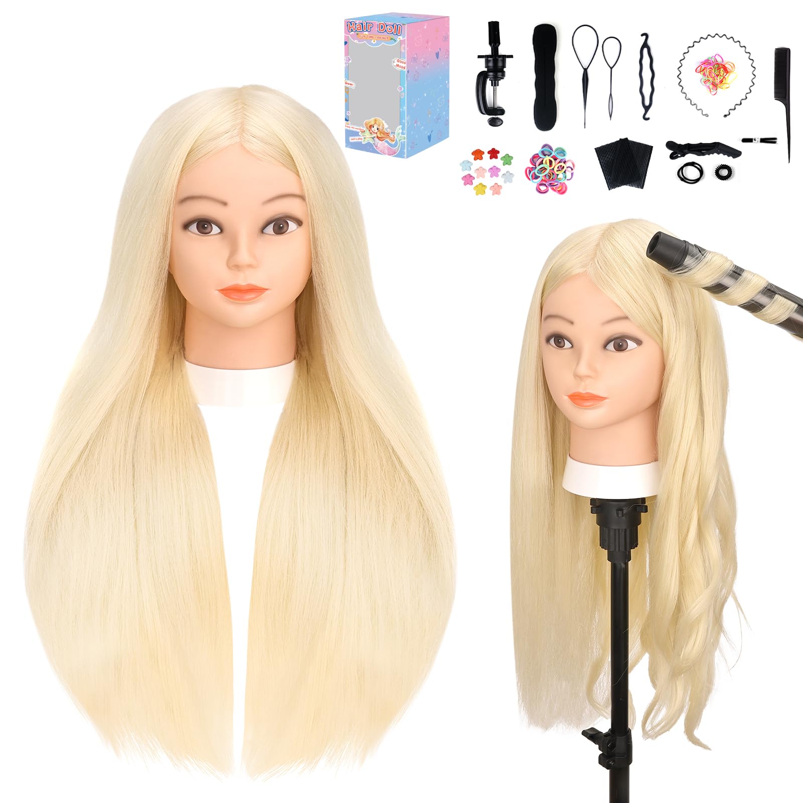 Mannequin Head with 70% Human Hair, Yofuly 26" Gold Real Human Hair Training Head, Cosmetology Doll Head with Clamp Holder & Tools, Practice Doll Head for Hair Styling, Braiding, Curling and Cutting