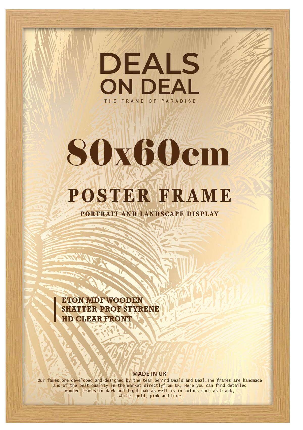DEALS ON DEAL® Large Oak Poster Frame 80x60 cm Picture Frame Jigsaw Puzzle | Mdf Wooden 60 x80 cm | Solid Mdf Hd Clear Front | Vertical or Horizontal