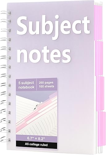 FLYING EAGLE Cuaderno de 5 asignaturas con divisores, diario en espiral, 200 páginas, A5, cuaderno rayado a rayas universitarias para el trabajo, la