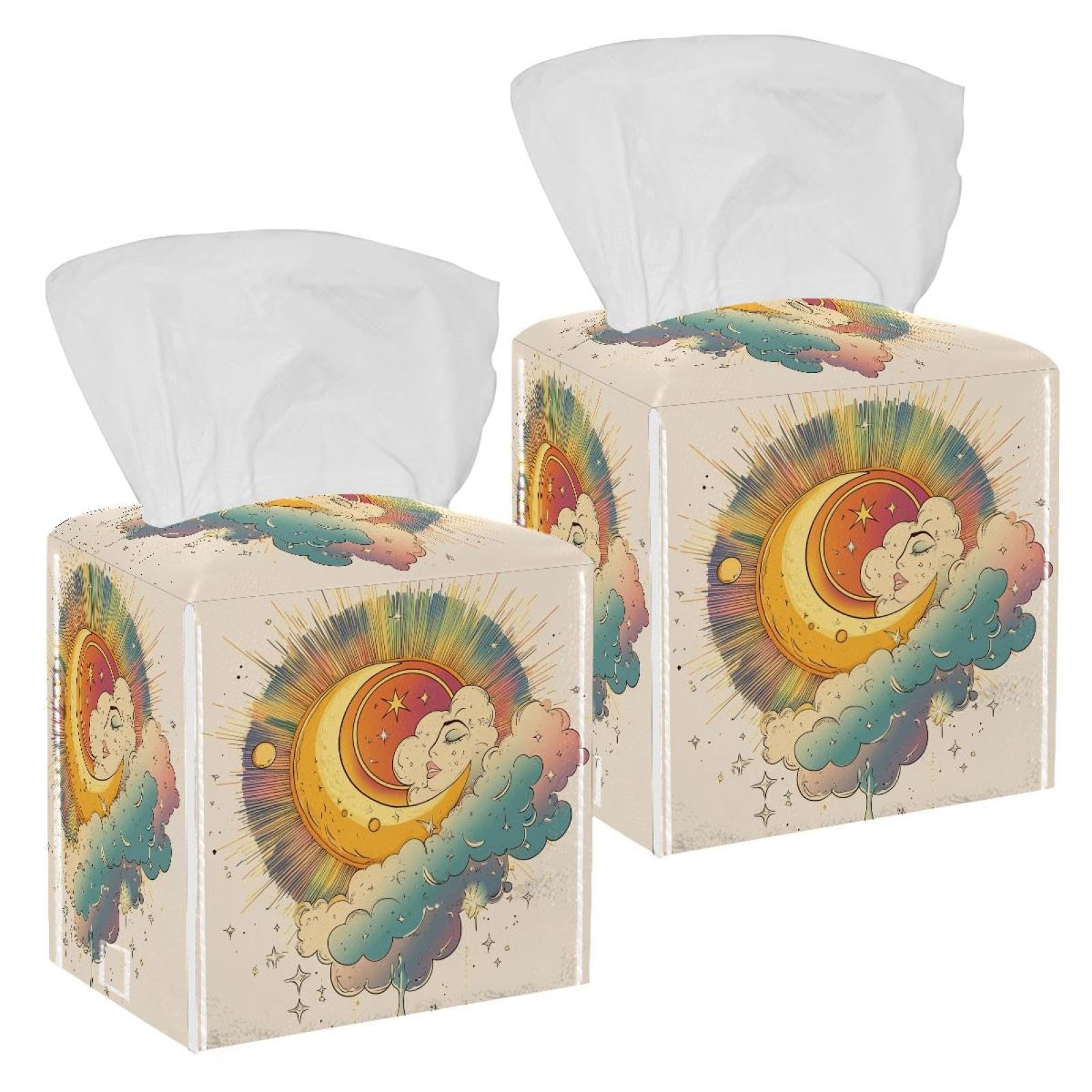 Clouds and Moon Tissue Box Cover, 2 Pack PU Leather Square Facial Tissue Dispenser Box holder for Home Office Car