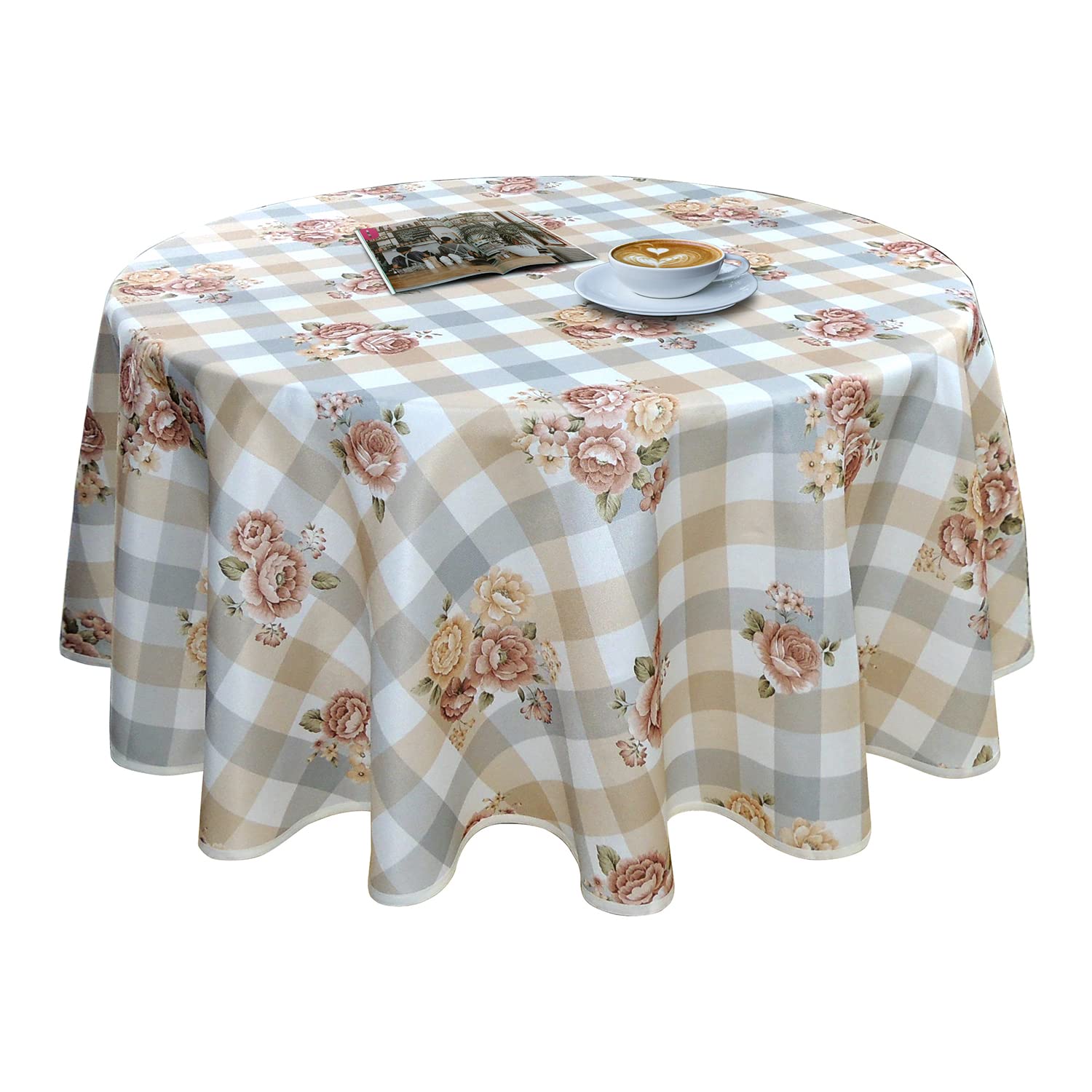 YEESSION Floral Print Polyester 48 Inch Round Tablecloth Stain Resistant and Waterproof Wine Tablecloth for Kitchen Dining Indoor Outdoor Buffet Tabletop Decoration(Brown,Beige,Gray,White Checkered)
