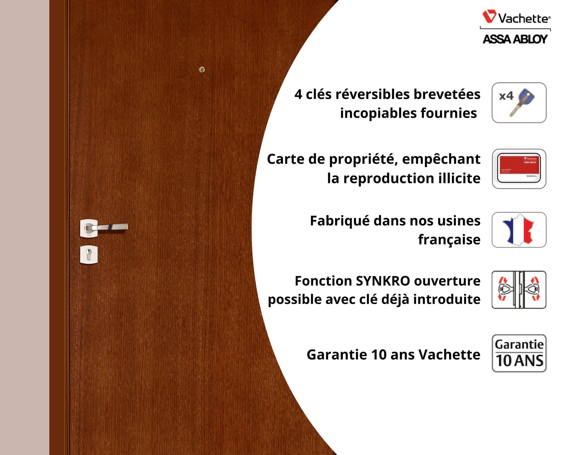 Vachette Radialis – Cylindre de Serrure Débrayable 32,5x42,5 mm pour Porte Extérieure/Entrée | Très Haute Sécurité, 4 Clés Incopiables, Carte de Propriété, Inox