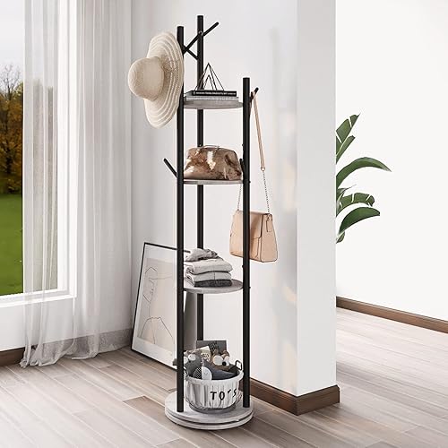 Espelism Perchero giratorio de metal independiente con estante de almacenamiento de 4 niveles y 9 ganchos para entrada, dormitorio, esquina,