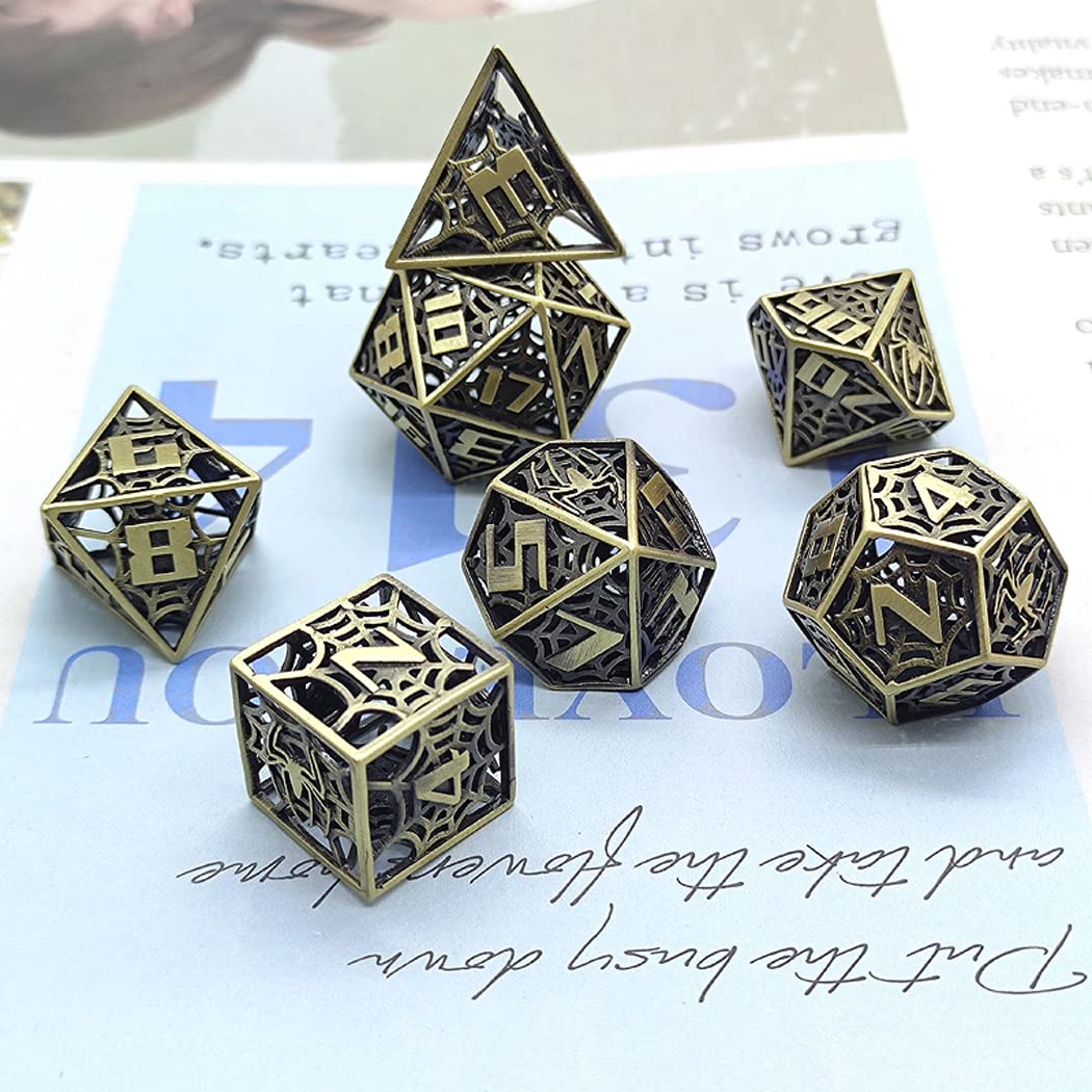 LANGWEI Jeu De Dés en Métal D&D, 7 Pièces De Dés en Polyèdre Métallique Creux en Araignée pour Jeu De Donjons Et Dragons, Jeu De Table, TRPG, Jeux De Dés De Rôle, Cadeaux Créatifs