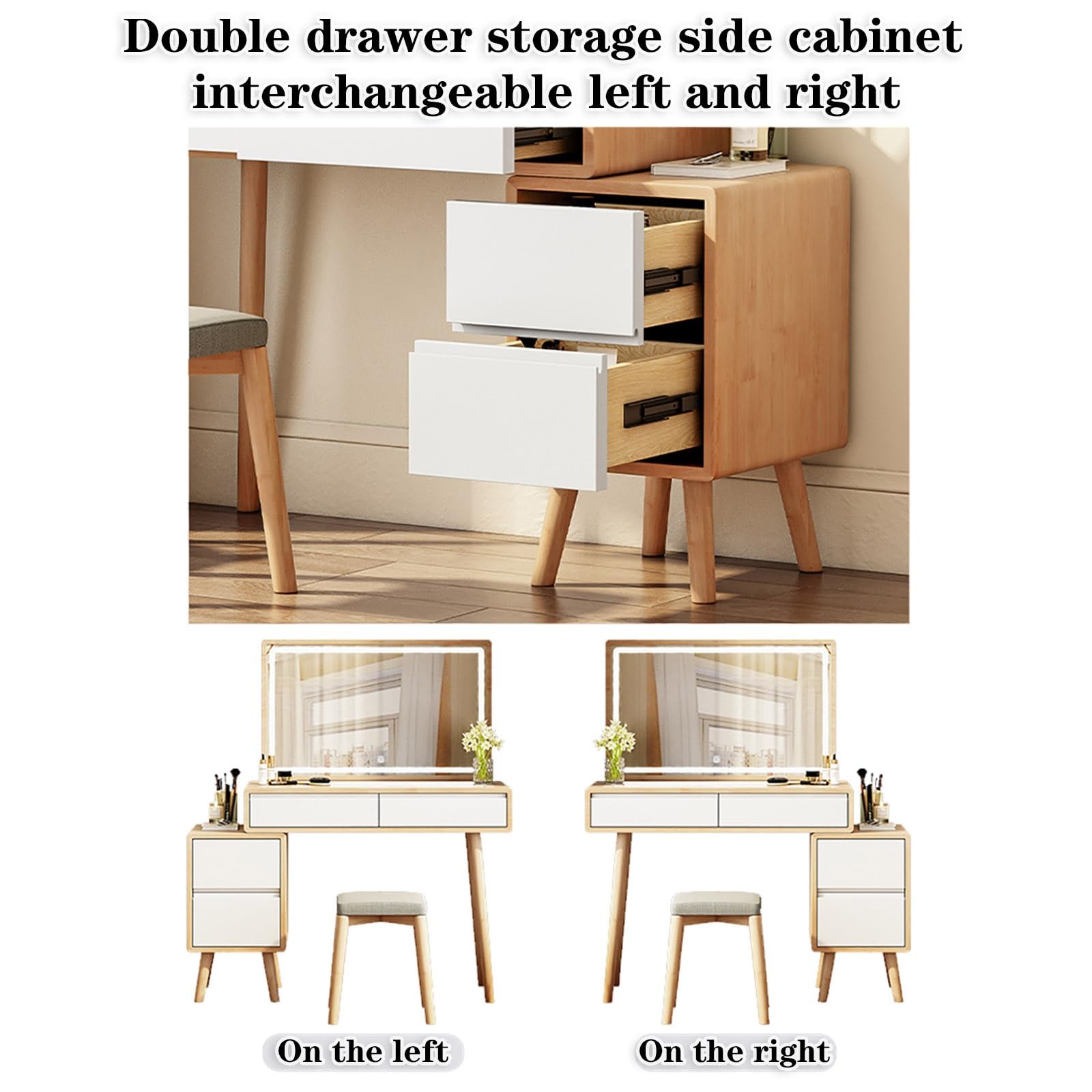 Toeletta Trucco Con Luci E Sgabello Legno Massiccio Mobile Da Trucco Con Specchio E Cassetti Ragazze Postazione Trucco Con Armadio Laterale Design Della Maniglia Incassata Facile Da Spingere E Tirare(