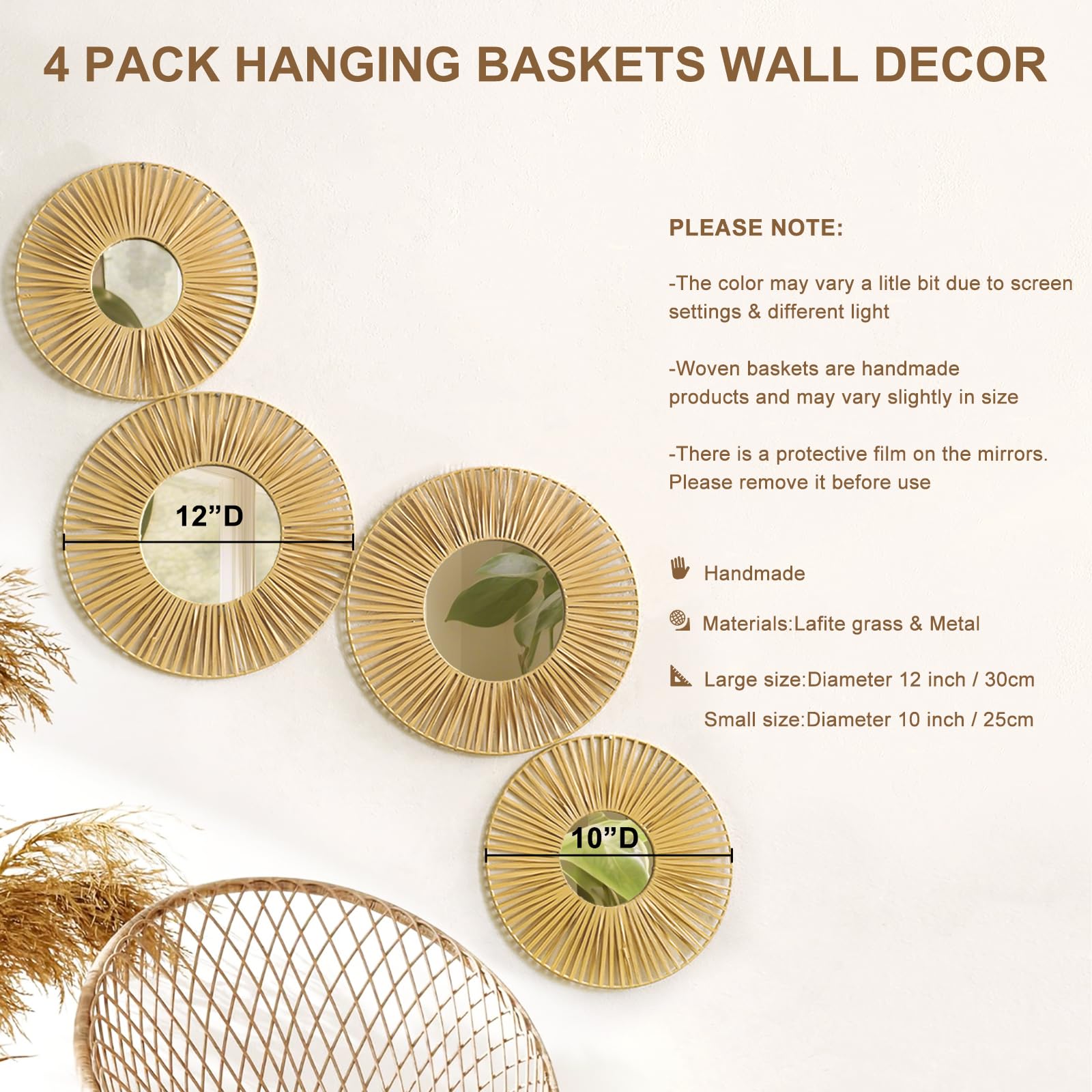 Artilady Canastas colgantes para pared con espejo, 4 piezas de decoración