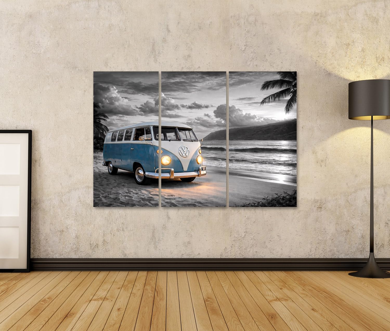 islandburner Bild auf Leinwand Nostalgischer T1-Bus am Strand mit Meerblick - Leinwand 130x80cm - 3 Teile