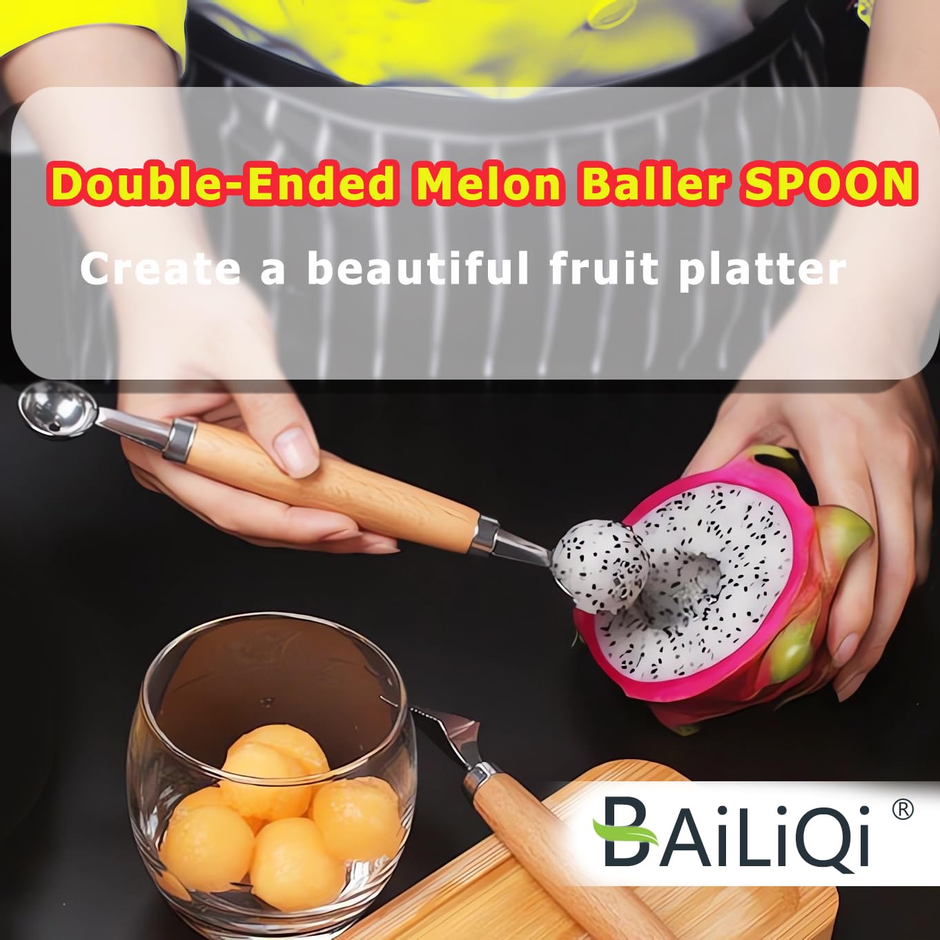 Juego de bolas de melón de acero inoxidable de doble extremo con mango de madera, herramientas de tallado de frutas, formas de cortador de frutas