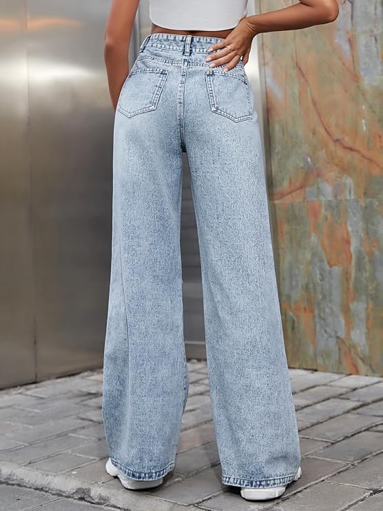 Women's High Waisted Ripped Wide Leg Denim Pants Casual Loose Fit Jeans Light Blue