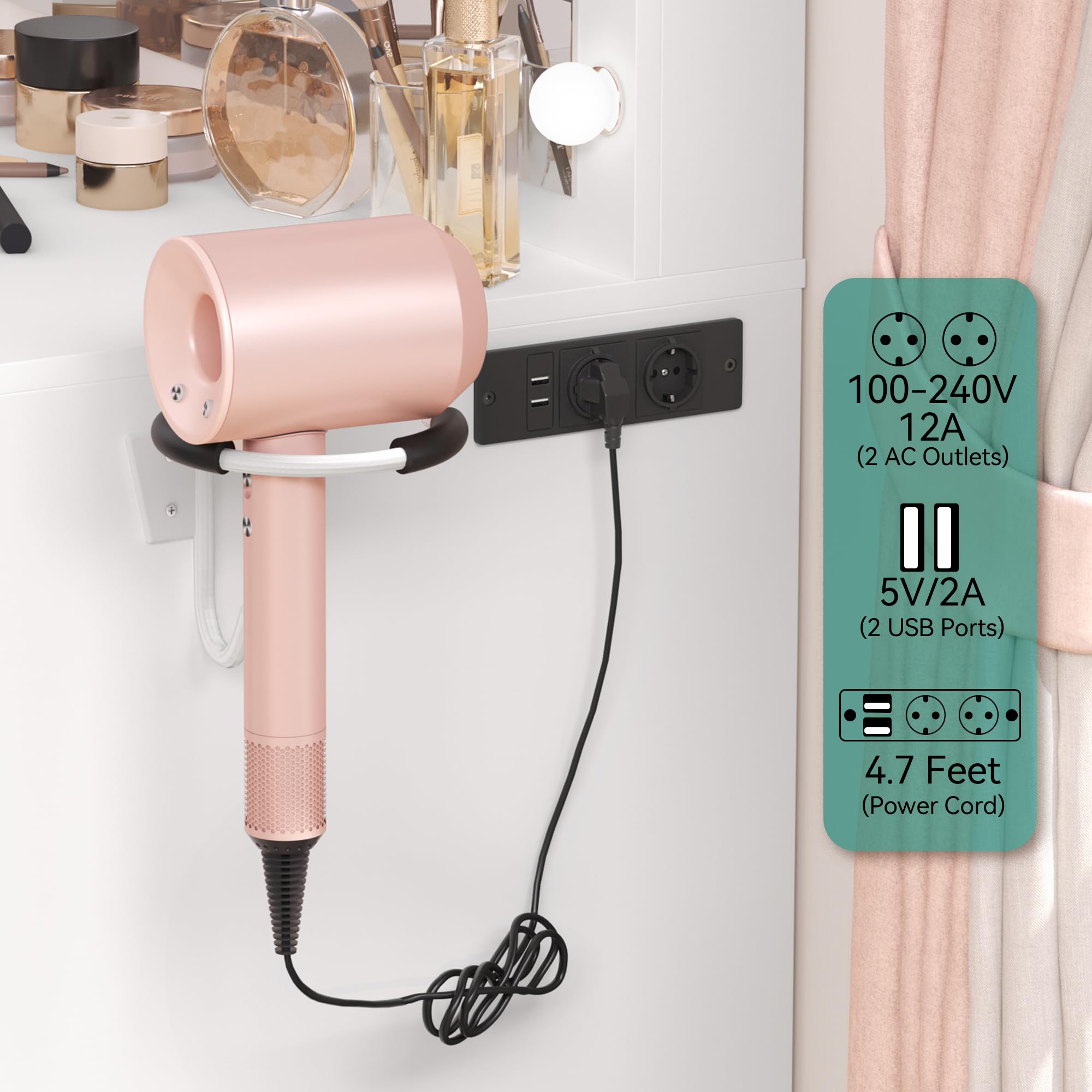 Hair dryer holder and power strip installation