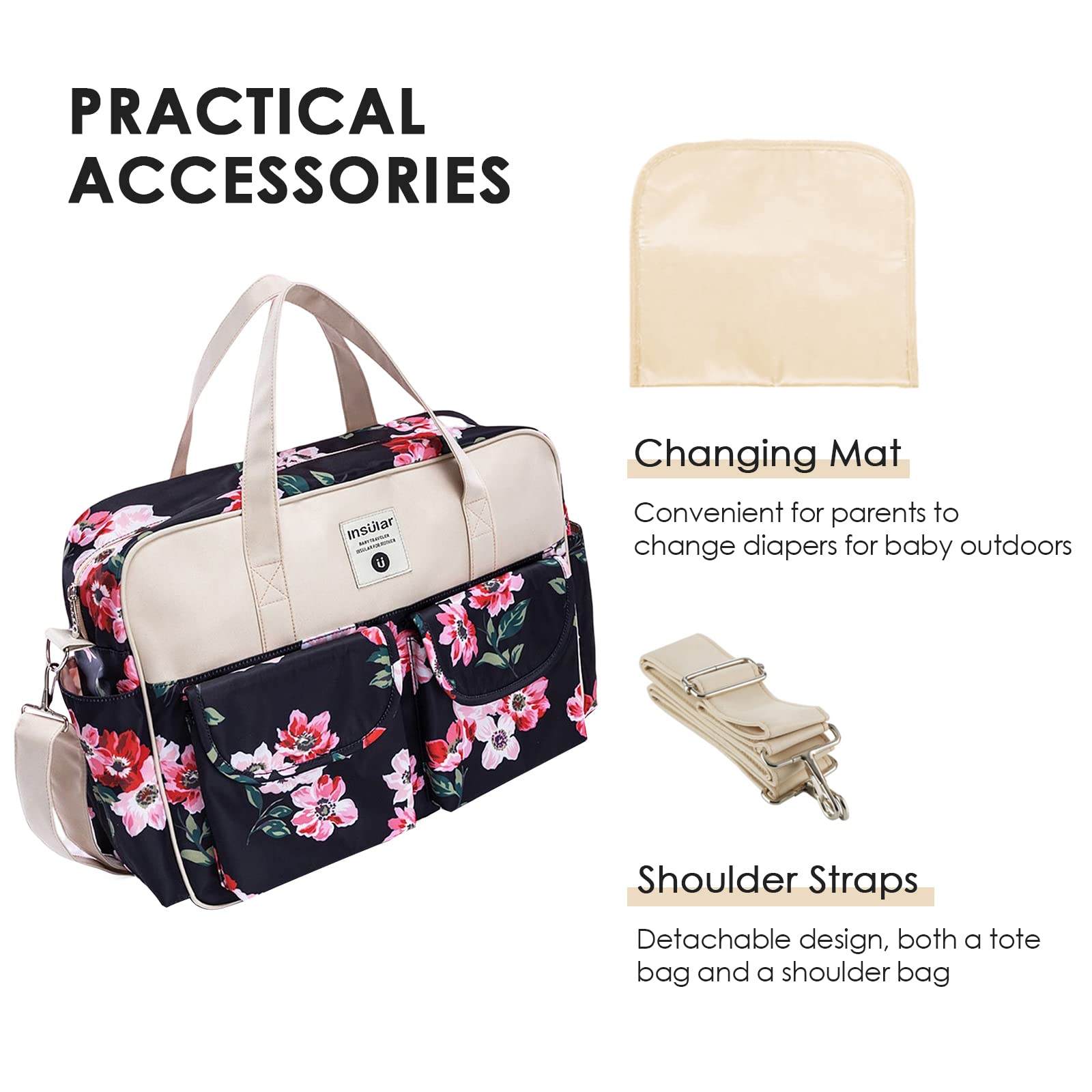 SONARIN Large Capacity Baby Nappy Changing Tote Bag,Multi-Function Waterproof Baby Changing Bag Satchel Messenger Bag Travel Diaper Bag with Shoulder Strap & Changing Mat(Watercolor Rose) - Image 4