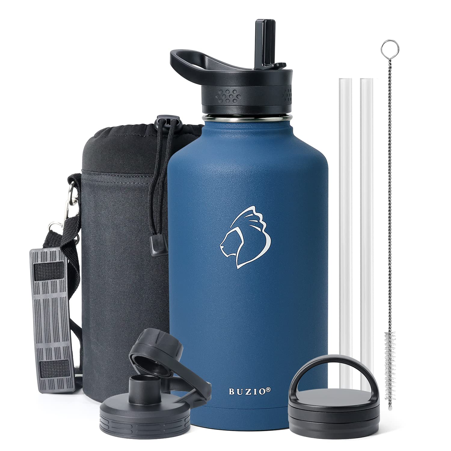 Buy BUZIO Stainless Steel Insulated Water Bottle Flask Jug, 64 oz Water Bottle with Straw Lids