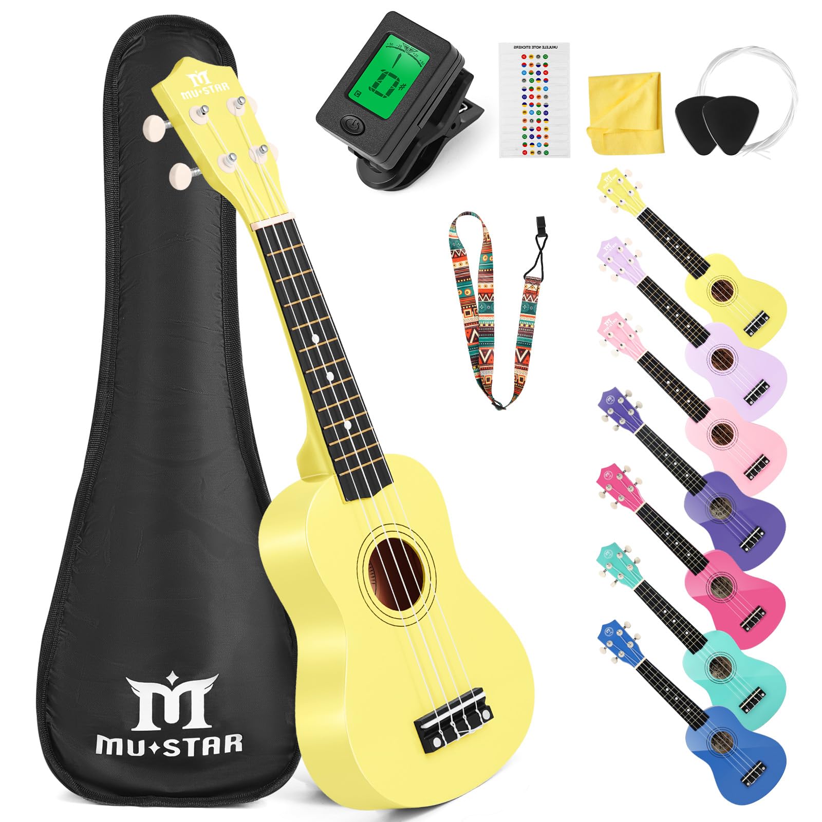 MUSTAR Soprano Ukulele Kids Ukulele for Beginners - 21 Inch Small Guitar Ukulele for Kids Toddlers Birthday Holiday Gifts, Gig Bag, Digital Tuner, Strap, Picks All in One Kit (Yellow, MU-1900)