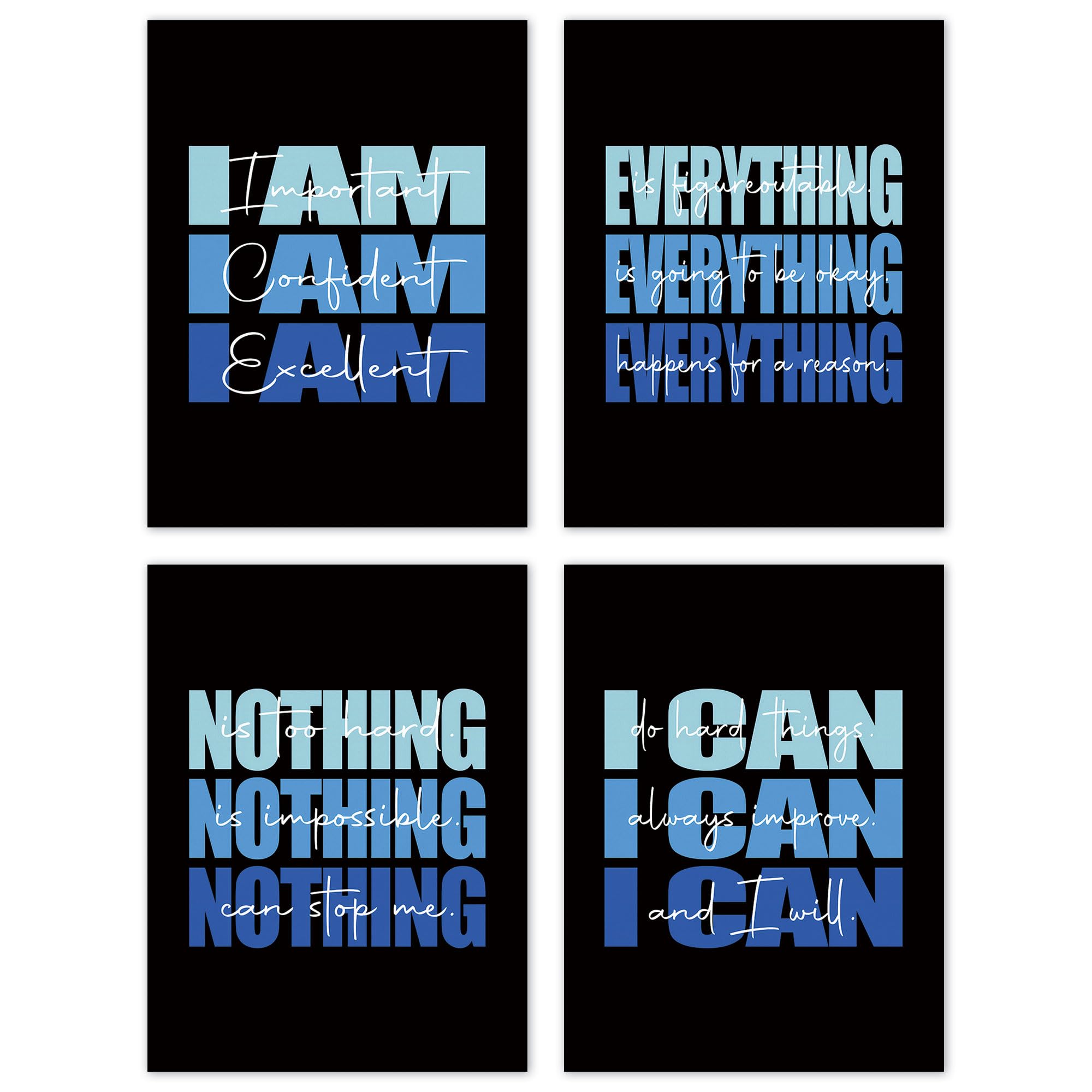 TLESKE Blue and Black Inspirational Posters Prints Unframed Set of 4, Preppy Motivational Wall Art Print Decor for Office Teen Boys Dorm Bedroom