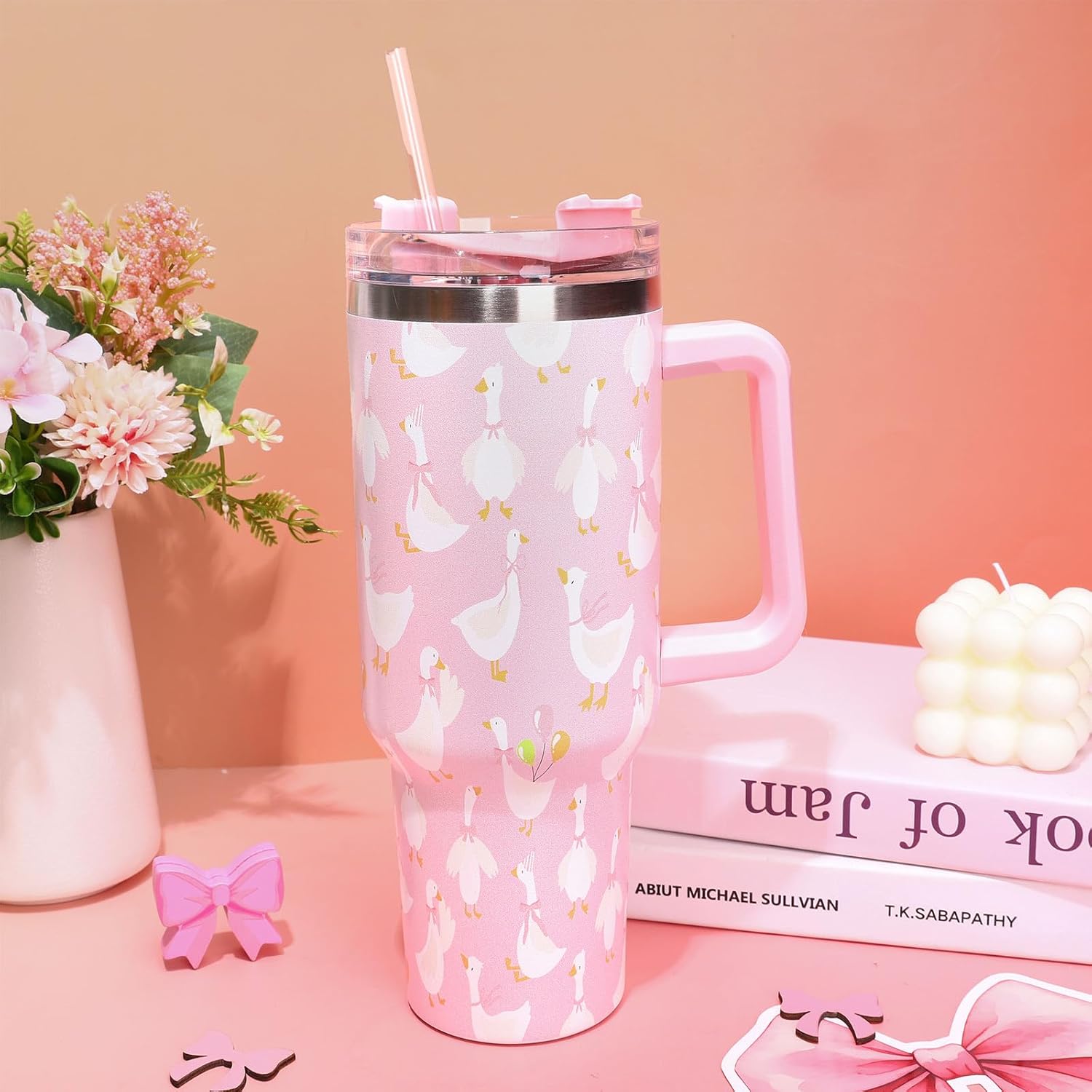 Whaline 40oz Silly Goose Tumbler with Handle Straw and Lid Pink Goose Travel Tumbler Coffee Cup for Women Friend Holiday Birthday Baby Shower - Image 5