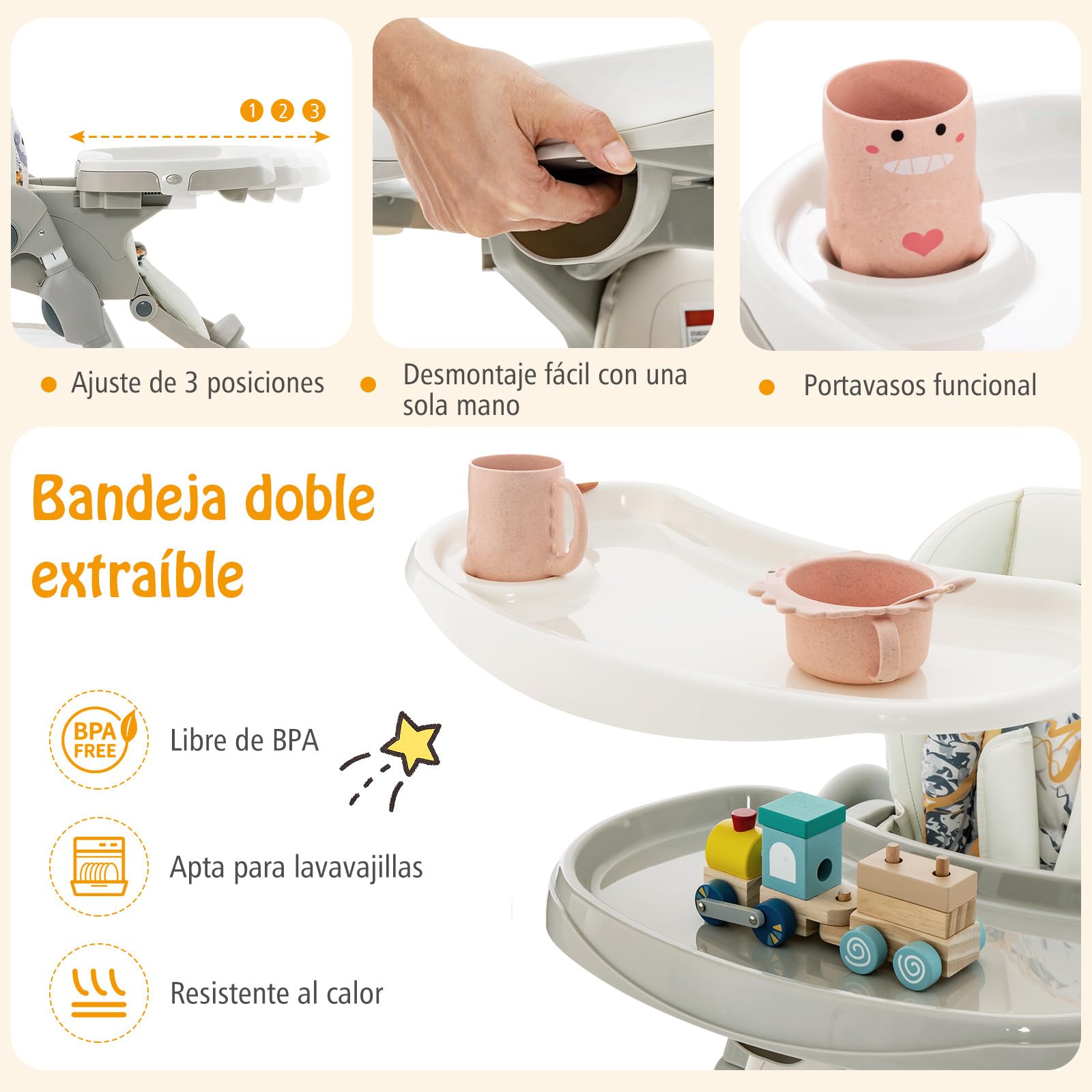 COSTWAY Tronas de Bebe Plegable, Trona Portatil Multifuncional con Ruedas Giratorias, 7 Altura Ajustable, Reposapiés y Respaldo, Bandeja de Comida Extraíble, para 6-36 Meses (Blanco)
