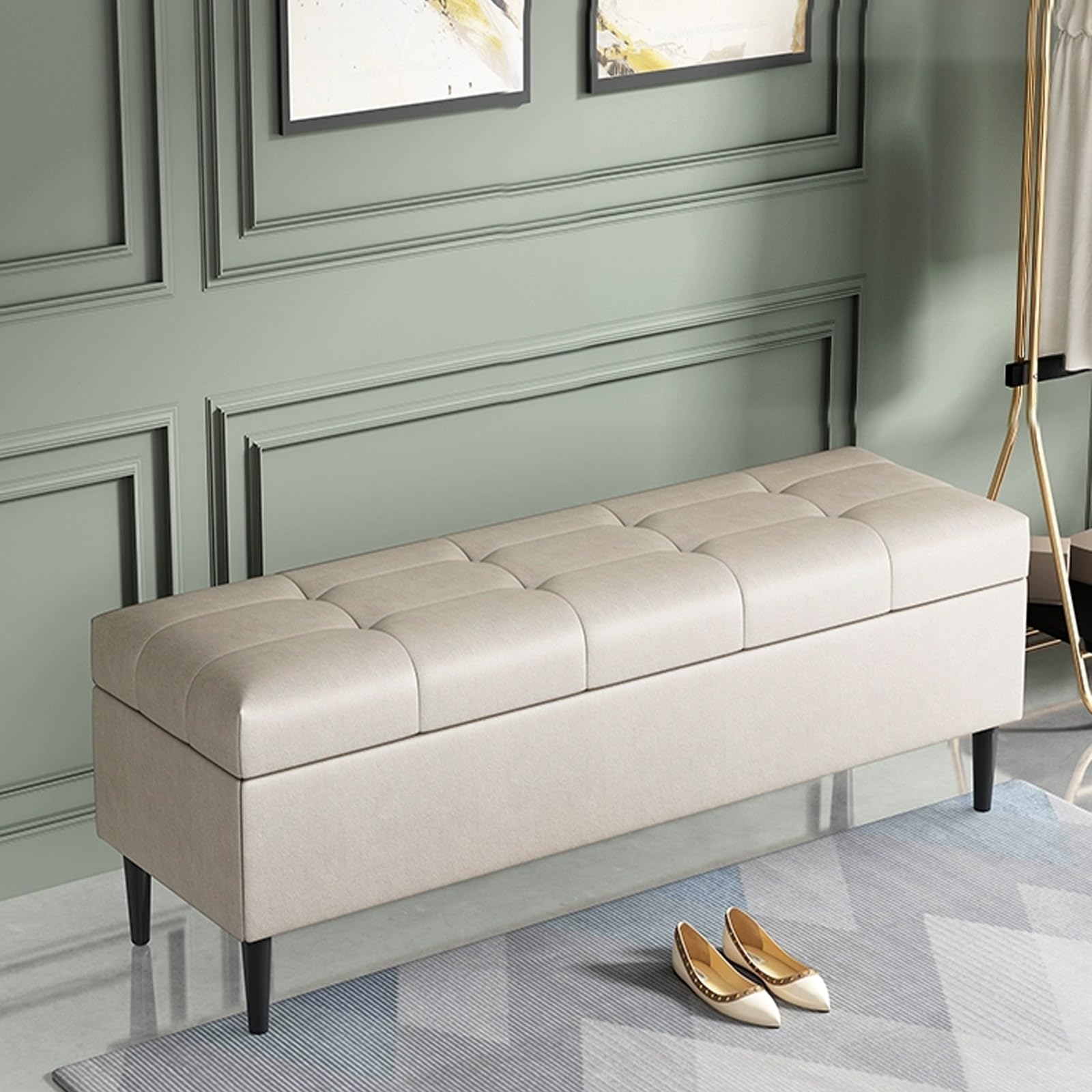 Banc d'entrée capitonné moderne avec chaussures Sto Slish chambre à coucher EndofBed Seat polyvalent salon étagère à chaussures gain de place couloir Sto Solut.